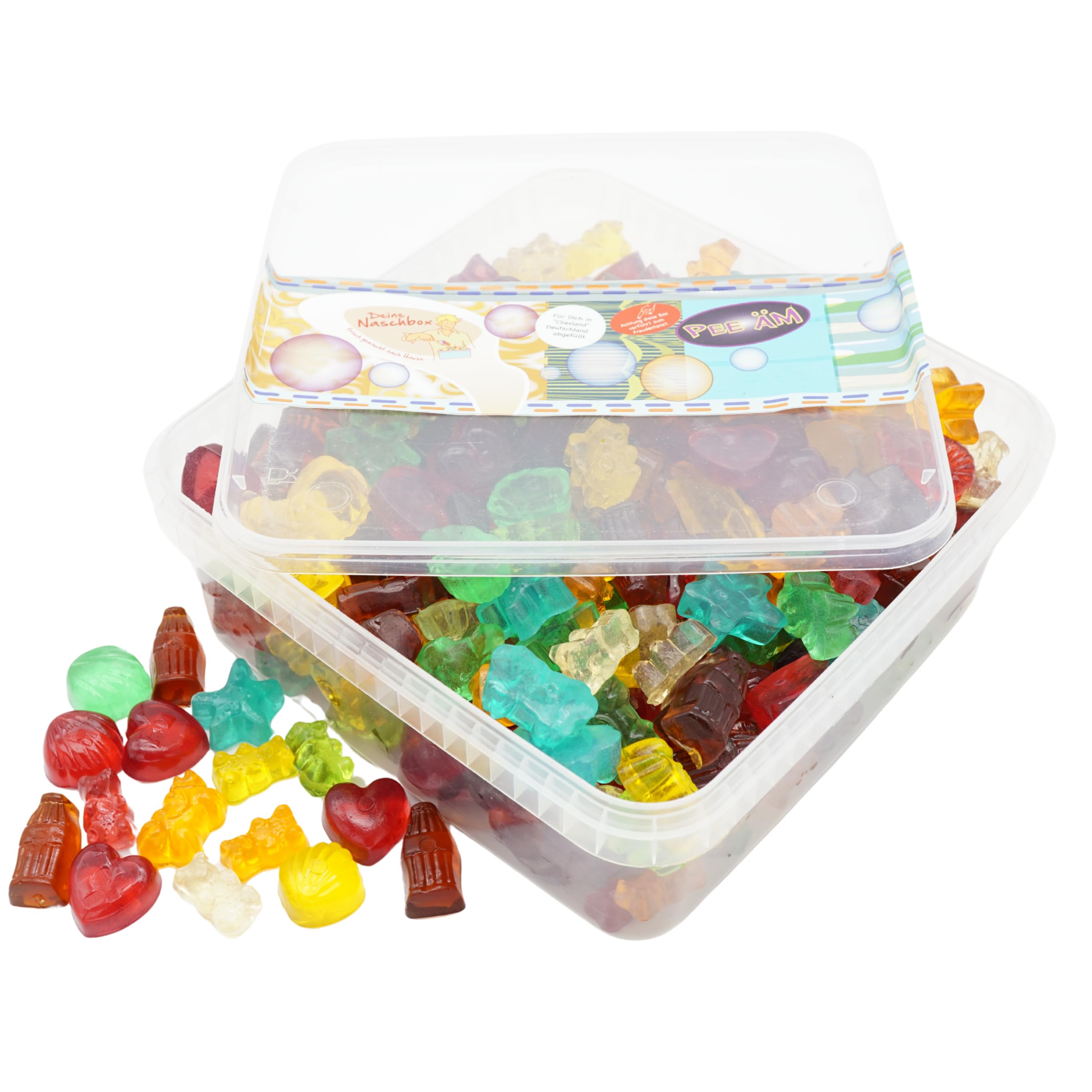 Deine Naschbox | Zuckerfreier Fruchtgummi 4 Sorten Mix | 1kg Naschbox | XL Großpackung für Party, Candybar & als Geschenk - Cola - Frucht - Saftig