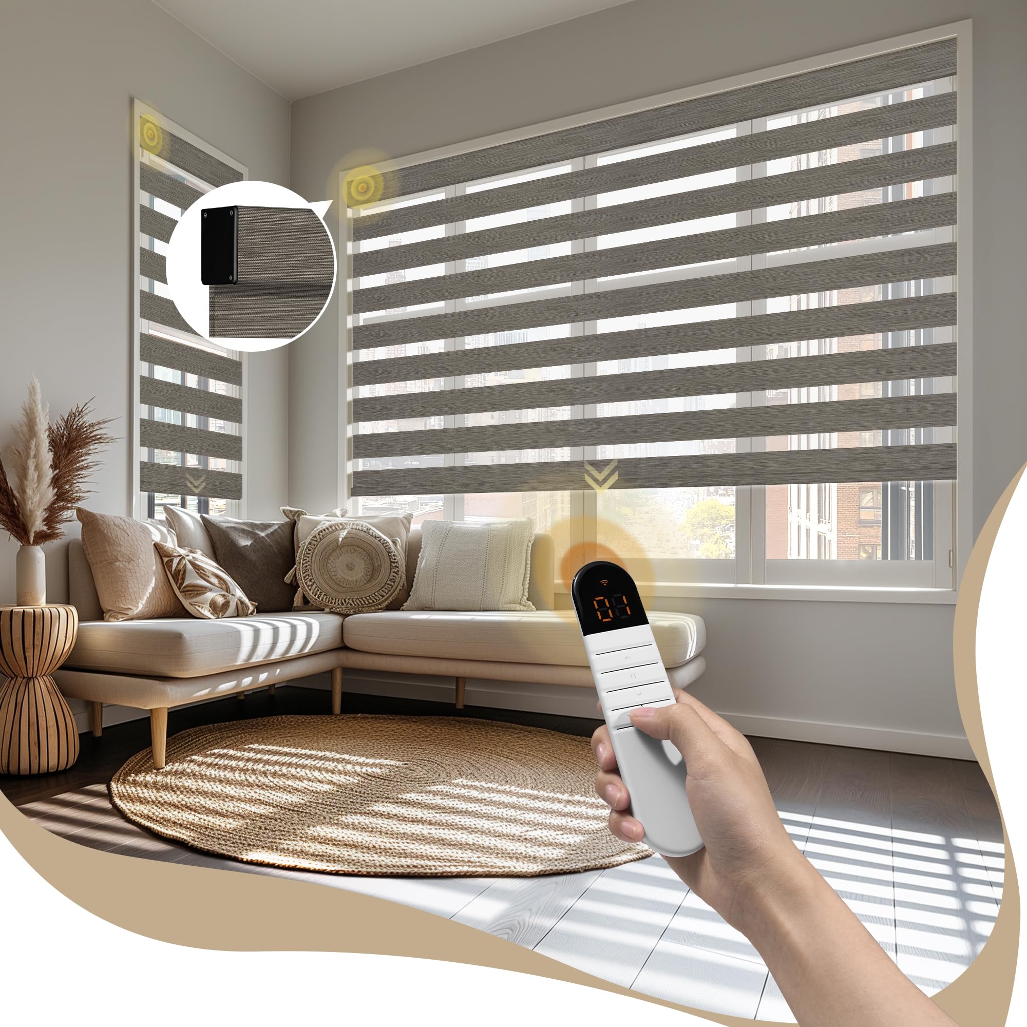 Motorized Zebra Blinds with Remote, APP Control - 95% Blackout Dark Brown