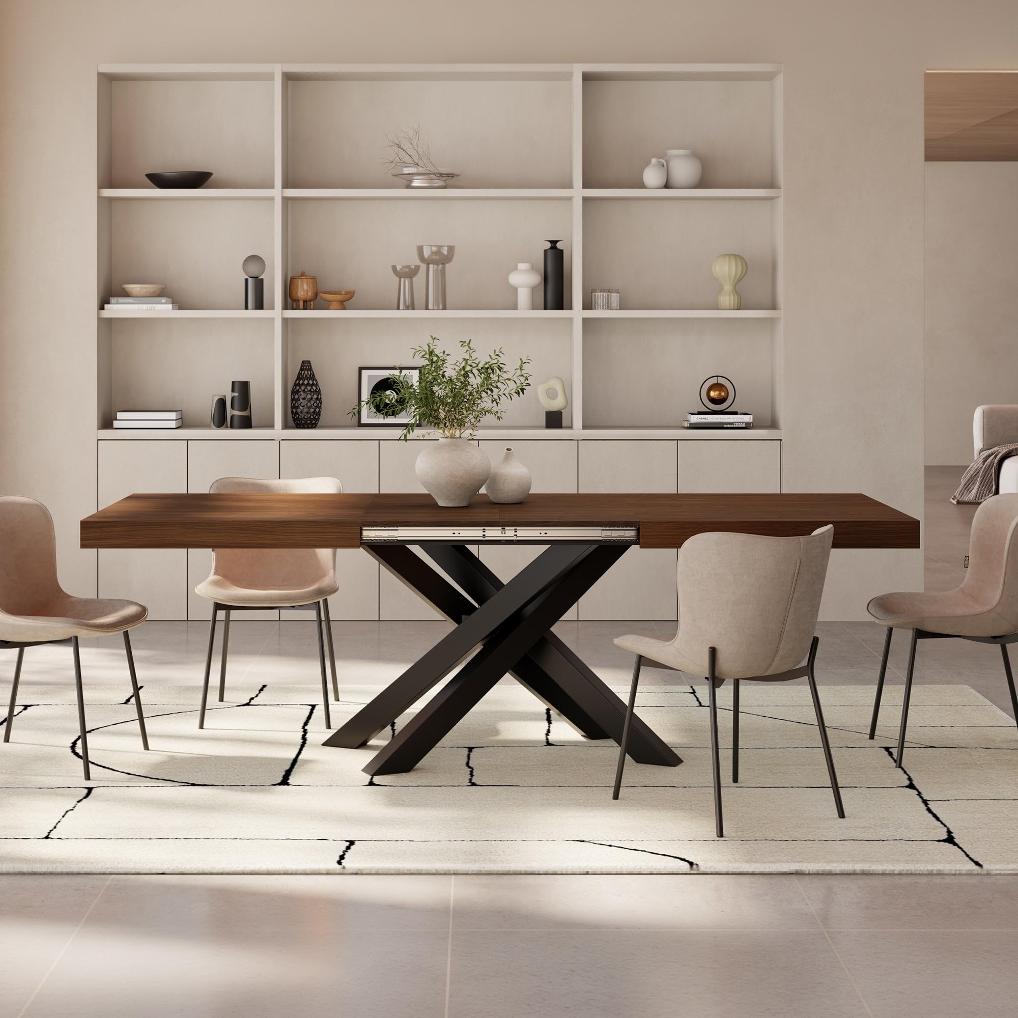 Mobili Fiver, Tavolo Allungabile Emma 160(240) x90 cm, Noce Canaletto con Gambe Incrociate Nere, per 6-10 persone, Tavolo Cucina, Soggiorno, Made in Italy