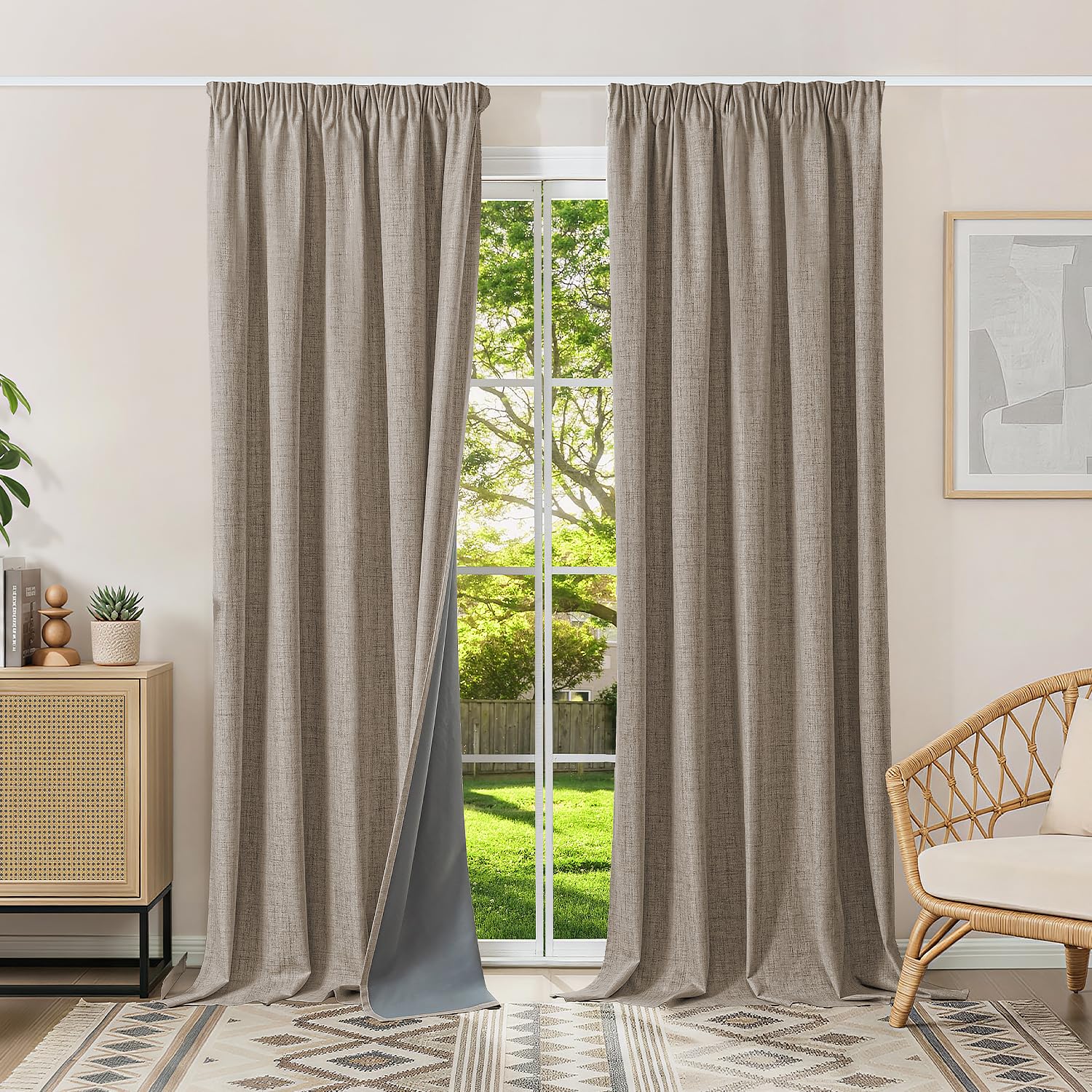 100% Rideau Occultant Thermiques Isolant Anti Froid, 2x140x280(LxH) Rideaux Lin Opaque avec Galon Fronceur pour Rail de Salon Chambre Masion Anti Chaleur Bruit