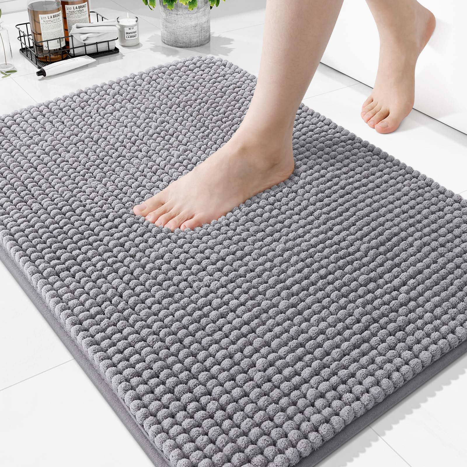 Homaxy Thick Soft Fluffy Bath Mat, Chenille Absorbent Bathroom Mat, Non Slip Bath Mats for Bathroom, Machine Washable Quick Drying Bath Rug, 51×76 cm, Grey