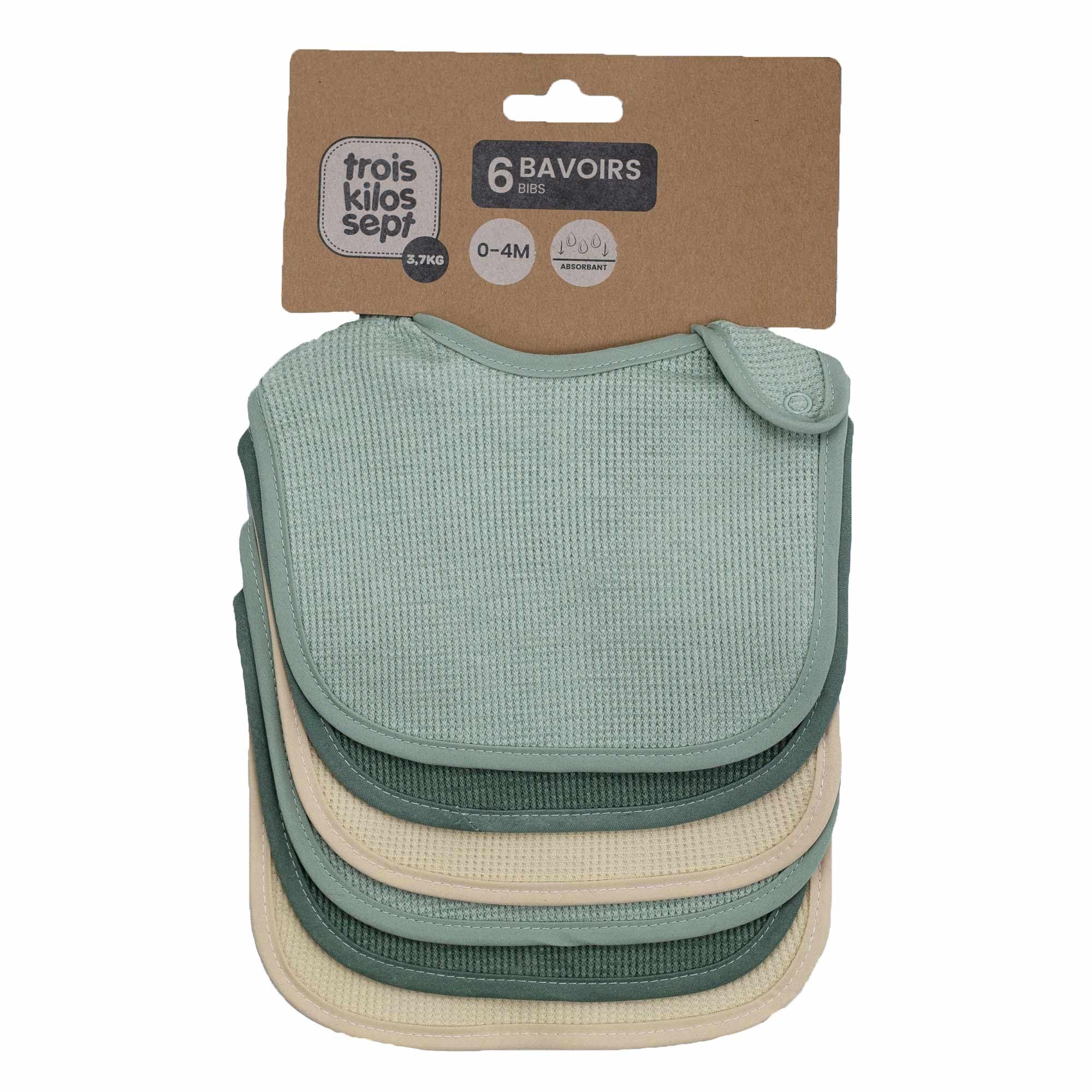 Trois Kilos Sept – Lot de 6 Bavoirs Bébé Naissance Nid d’Abeille, Fermeture Pression, Doux et Absorbants, Dès la Naissance