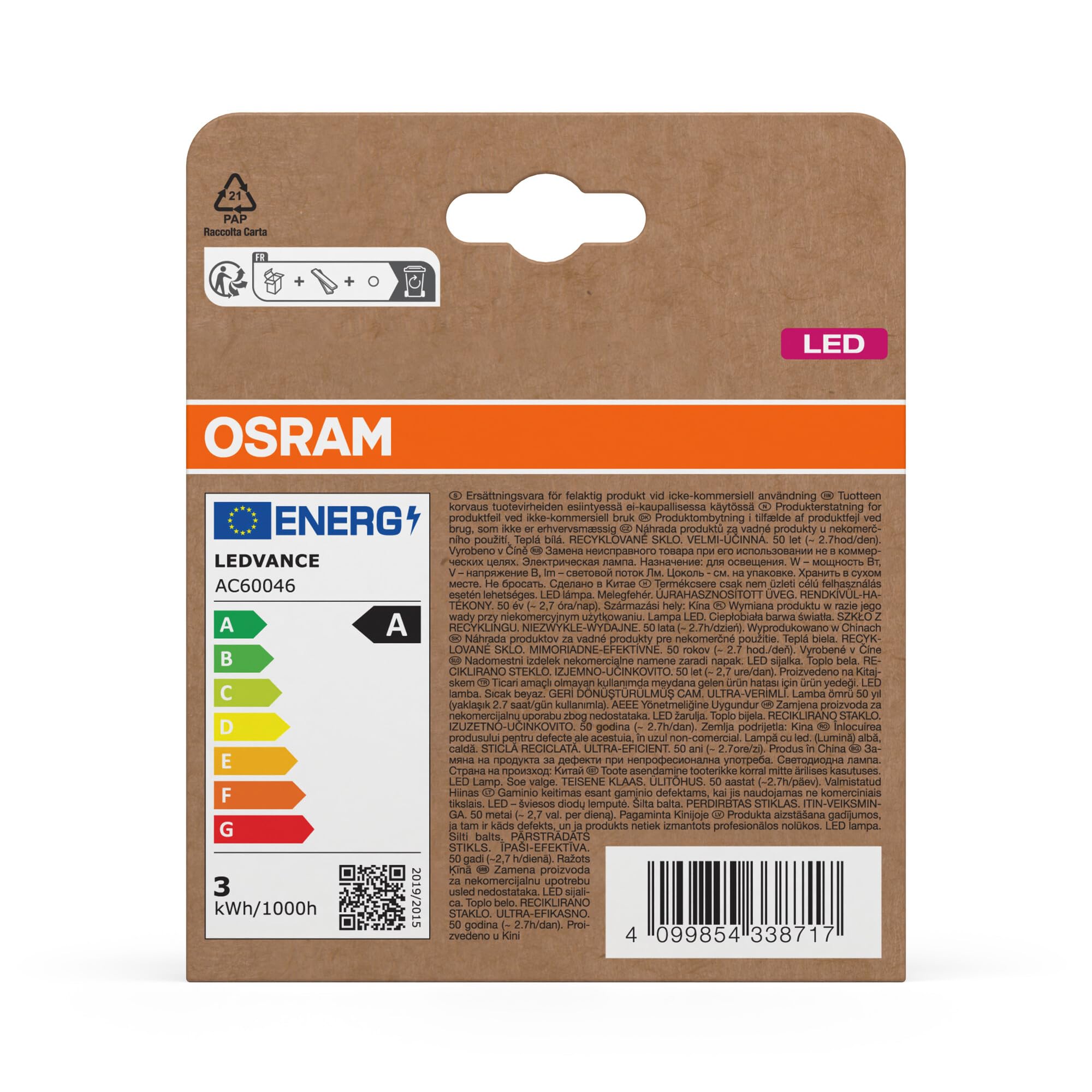 OSRAM Lámparas LED de alta eficiencia con clase de eficiencia energética A, paquete de 30 bombillas, reemplaza bombillas incandescentes tradicionales de 40W, blanco cálido, E14, vidrio filamento