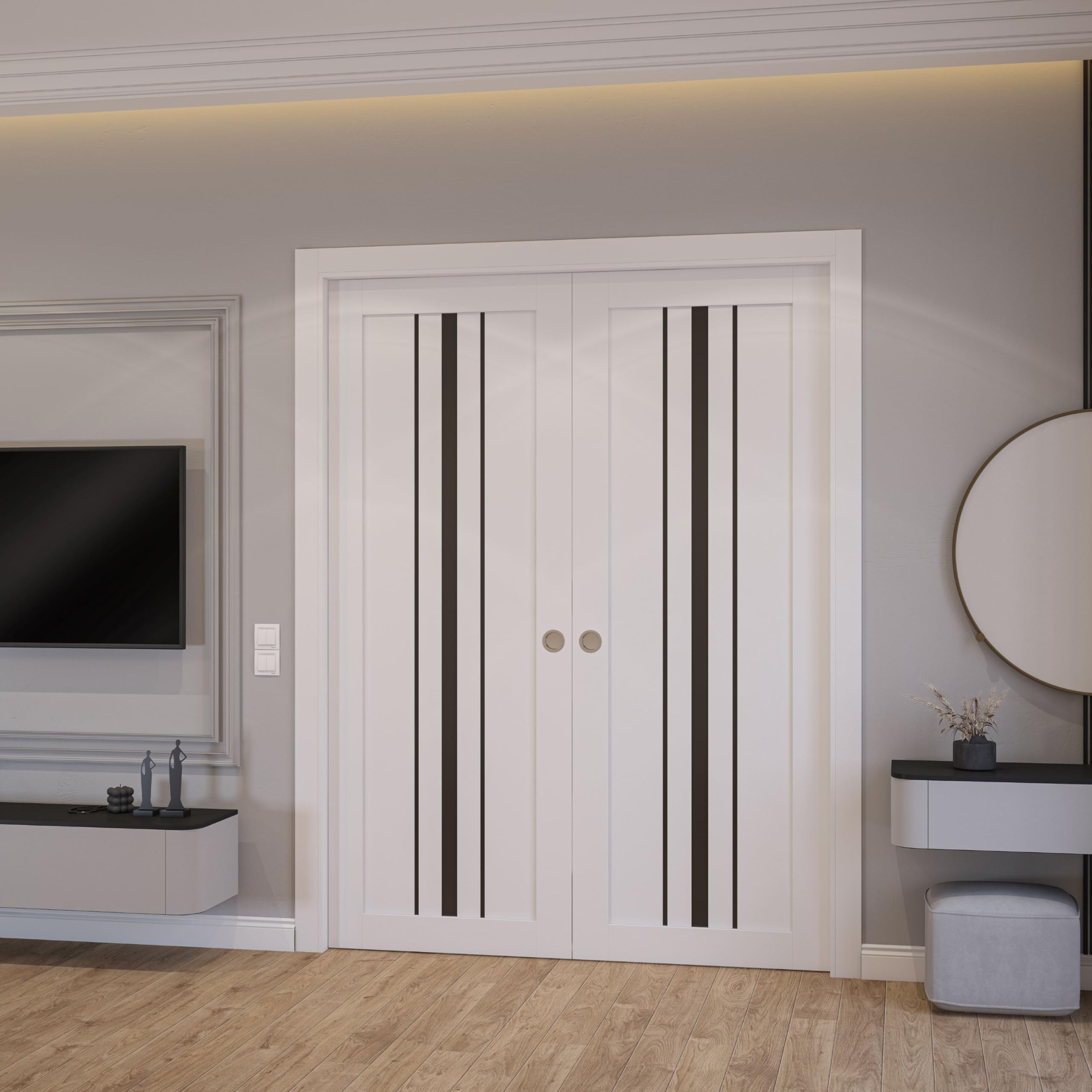 SARTODOORS Double Pocket Doors 56 x 84 inches | Base 3094 White Double Pocket Doors | Opaque Glass MDF Modern | Living Room Office