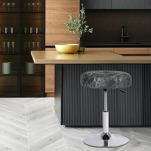 Miniatura 9 de Adeco Taburete redondo moderno para sala de maquillaje, altura de terciopelo ajustable, 360 pies giratorios con base de metal cromado para sala de