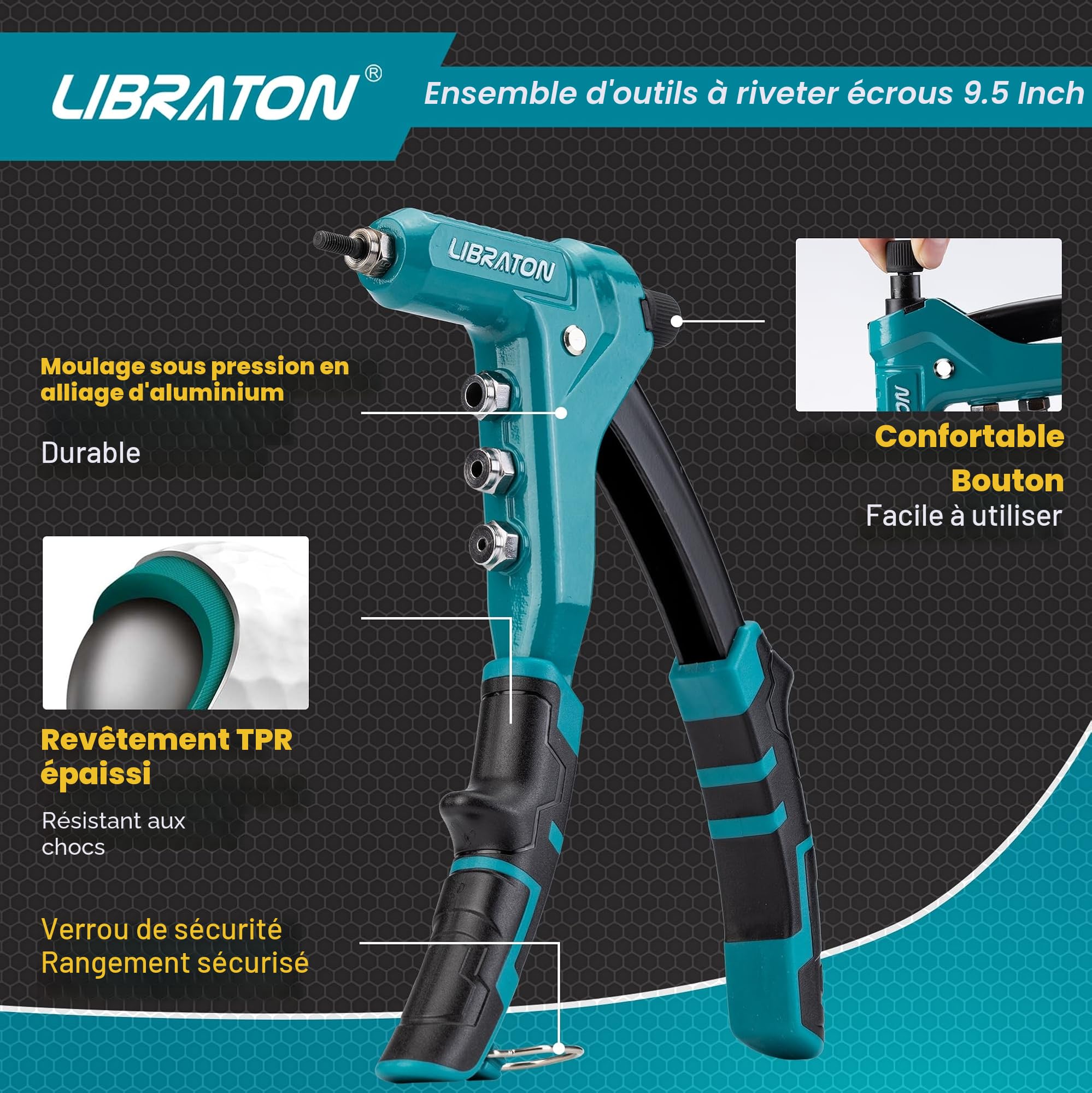 Libraton Pince Ecrou a Rivet, Pince à Insert Fileté, Outil d'écrou de rivet de 9,5 pouce, Filetée Rivet Kit avec Écrous e Mandrins M3, M4, M5, M6, Pistolet à Ecrou Rivets Manuelle