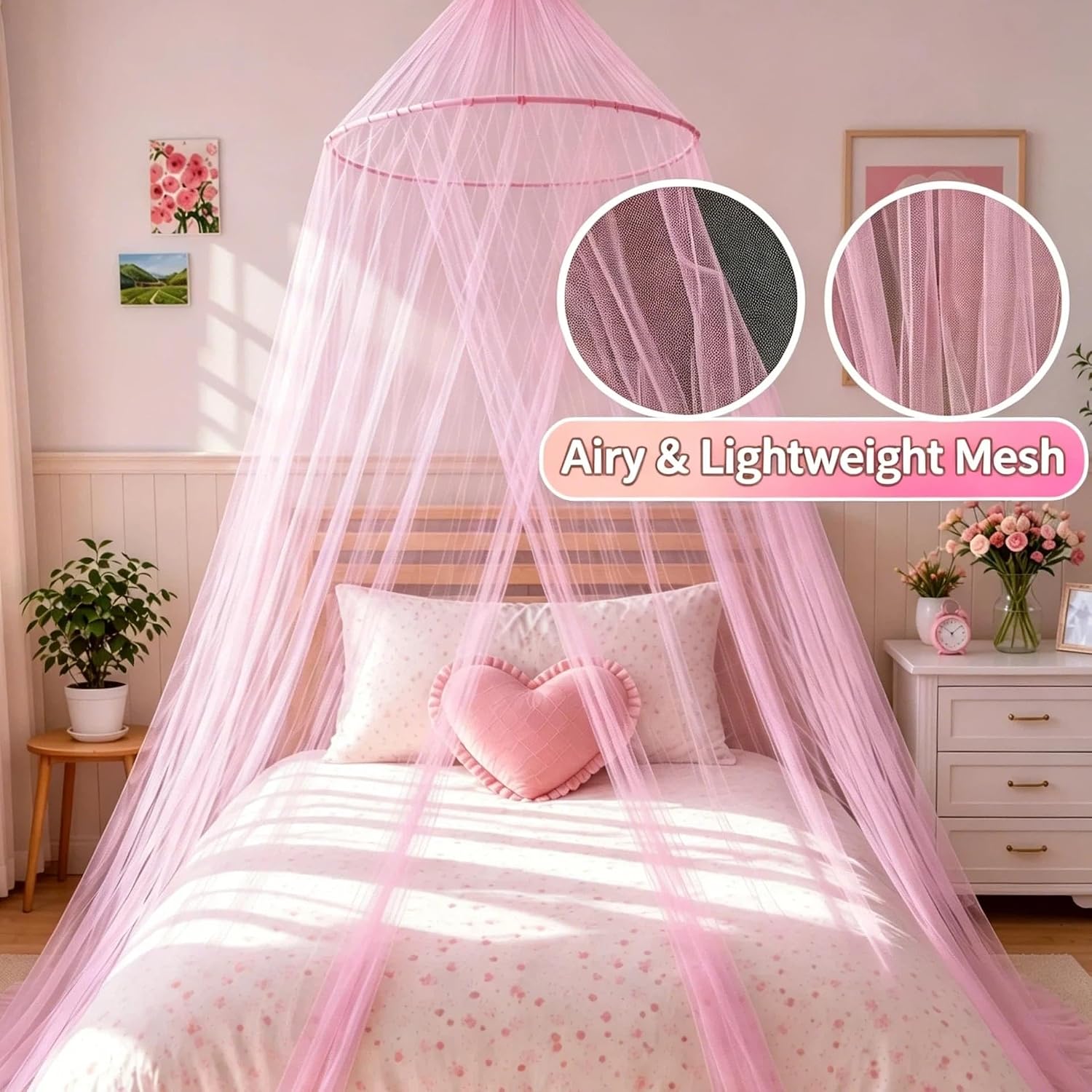 Pink Bed Canopy for Girls, Round Dome Bed Curtain, Dreamy Mosquito Netting for Princess Bedroom