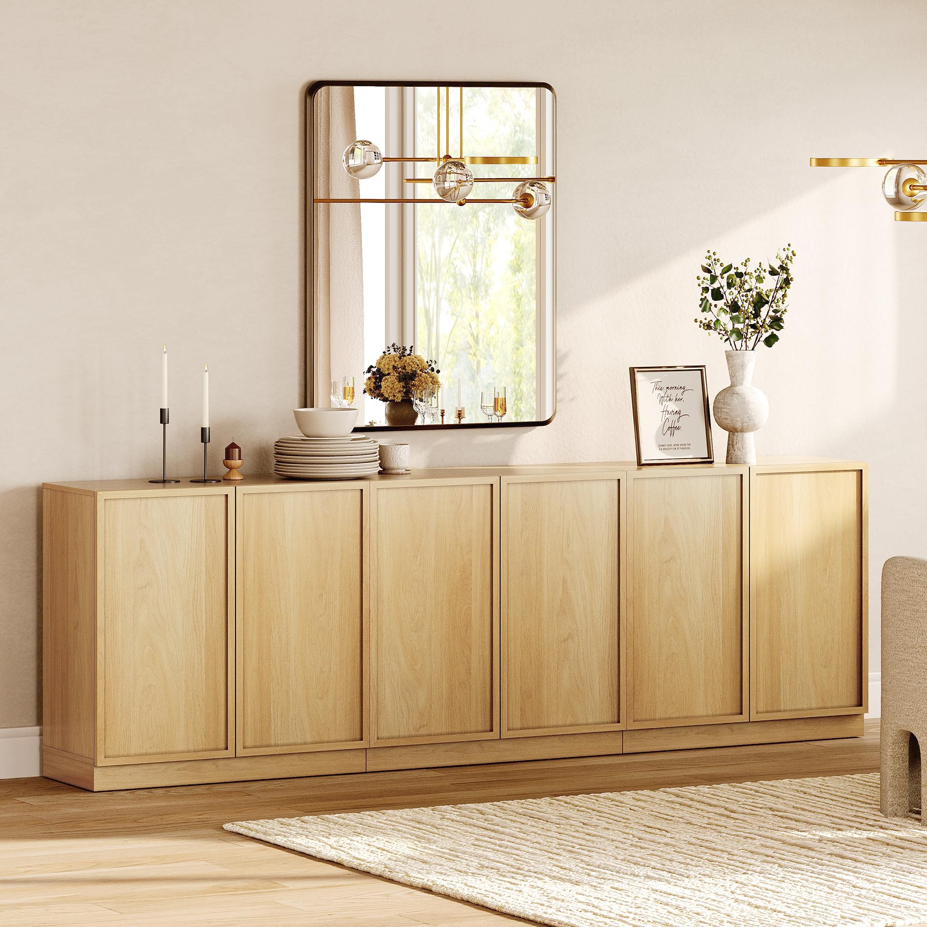 WAMPAT 94.5" Modern Sideboard Buffet Cabinet with 6 Doors, Multifunctional Sideboard with Large Storage and Adjustable Shelf, Coffee Bar Cabinet Storage Cabinet for Kitchen, Living Room, Oak