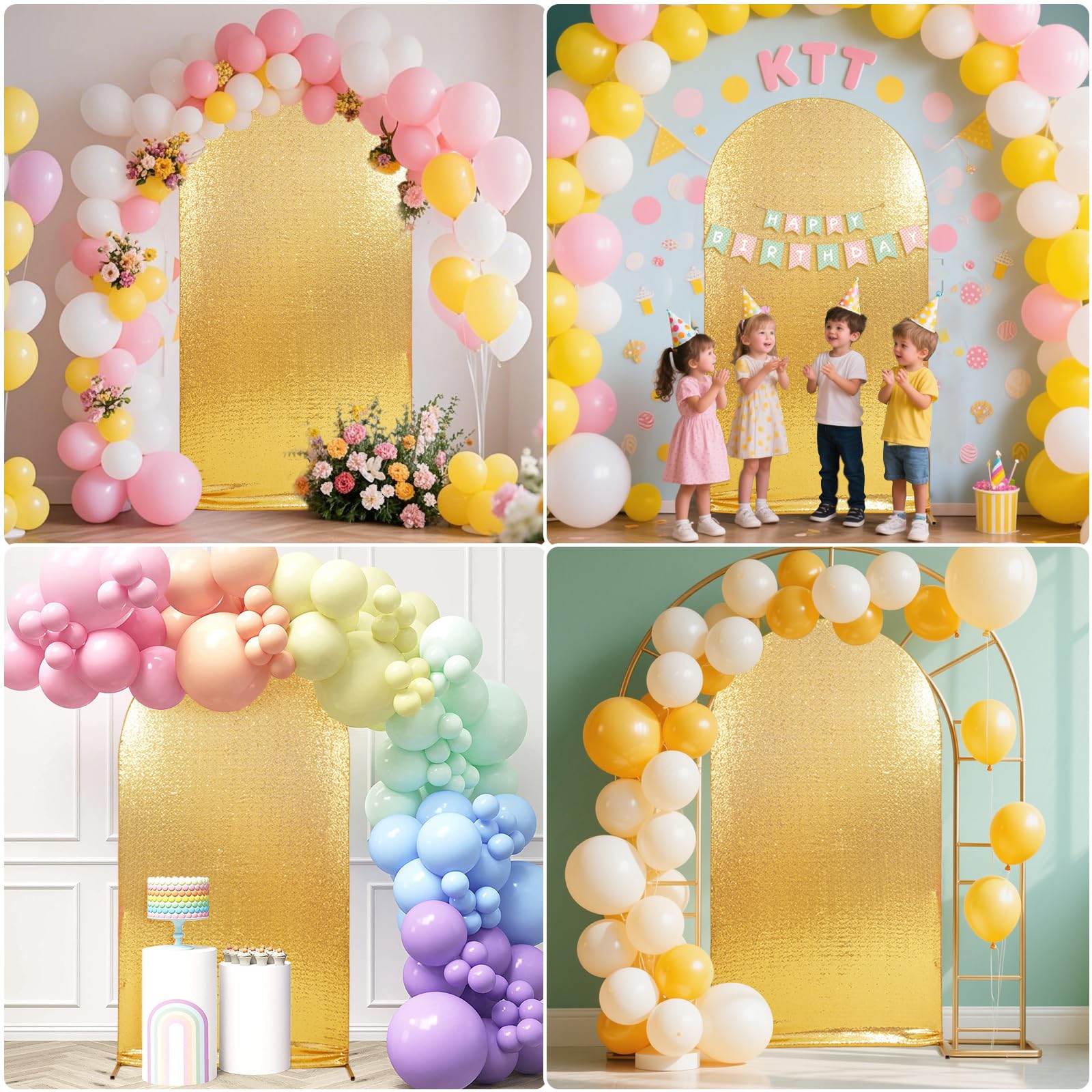 SquarePie Copertura per sfondo ad arco da 2,5 m, con paillettes dorate, top rotondo Chiara spandex elastico brillante copertura per matrimoni, feste di compleanno, banchetti