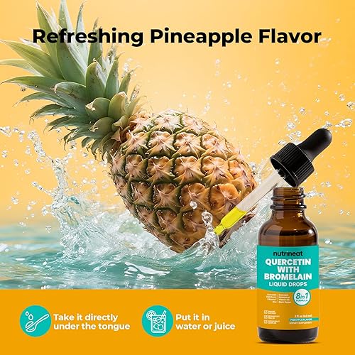 Miniatura 5 de Quercetina con gotas líquidas de bromelina (2 onzas líquidas), sabor a piña 7 en 1 quince orgánico quercetina 1000 mg y bromelina 500 mg de vitamina