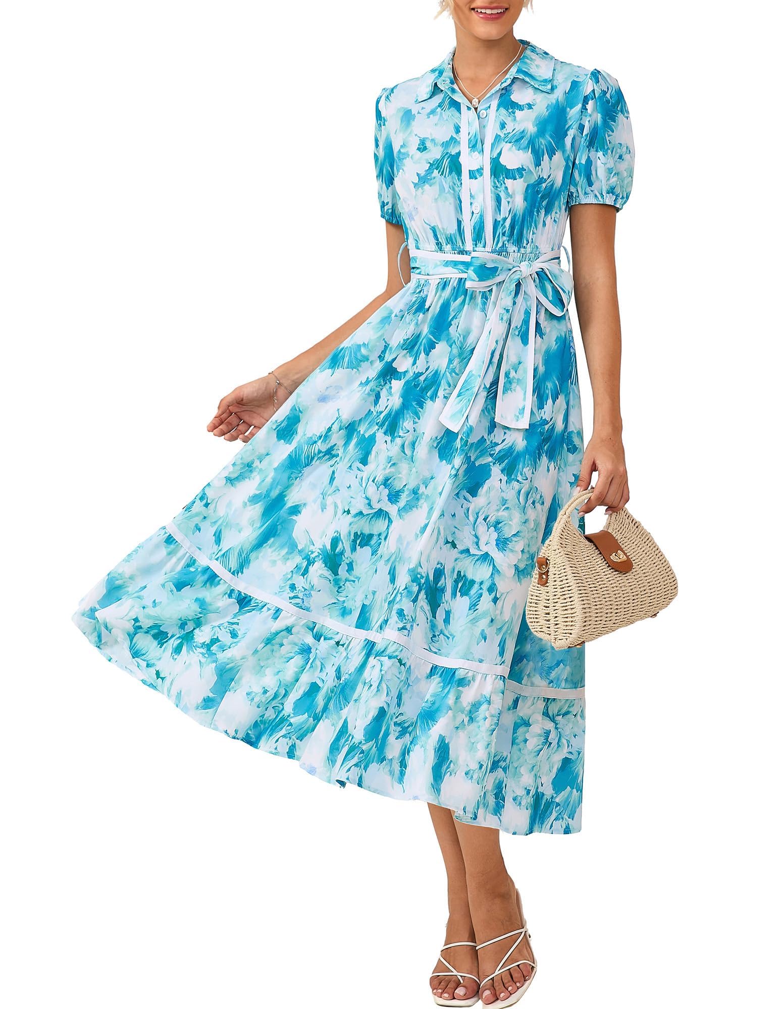 GRACE KARIN Damen Lässiges Sommerkleid Puffärmel Reverskragen Blumenkleid mit Tasche Boho Maxikleid Strandkleider