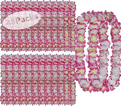 Leis for Luau Party, 48 Count | Thick and Lush Flower Leis for Luau Parties, Graduations, Birthdays, and Beach Weddings | Tropical Party Decorations and Hula Dance Accessories 48Pcs Pink