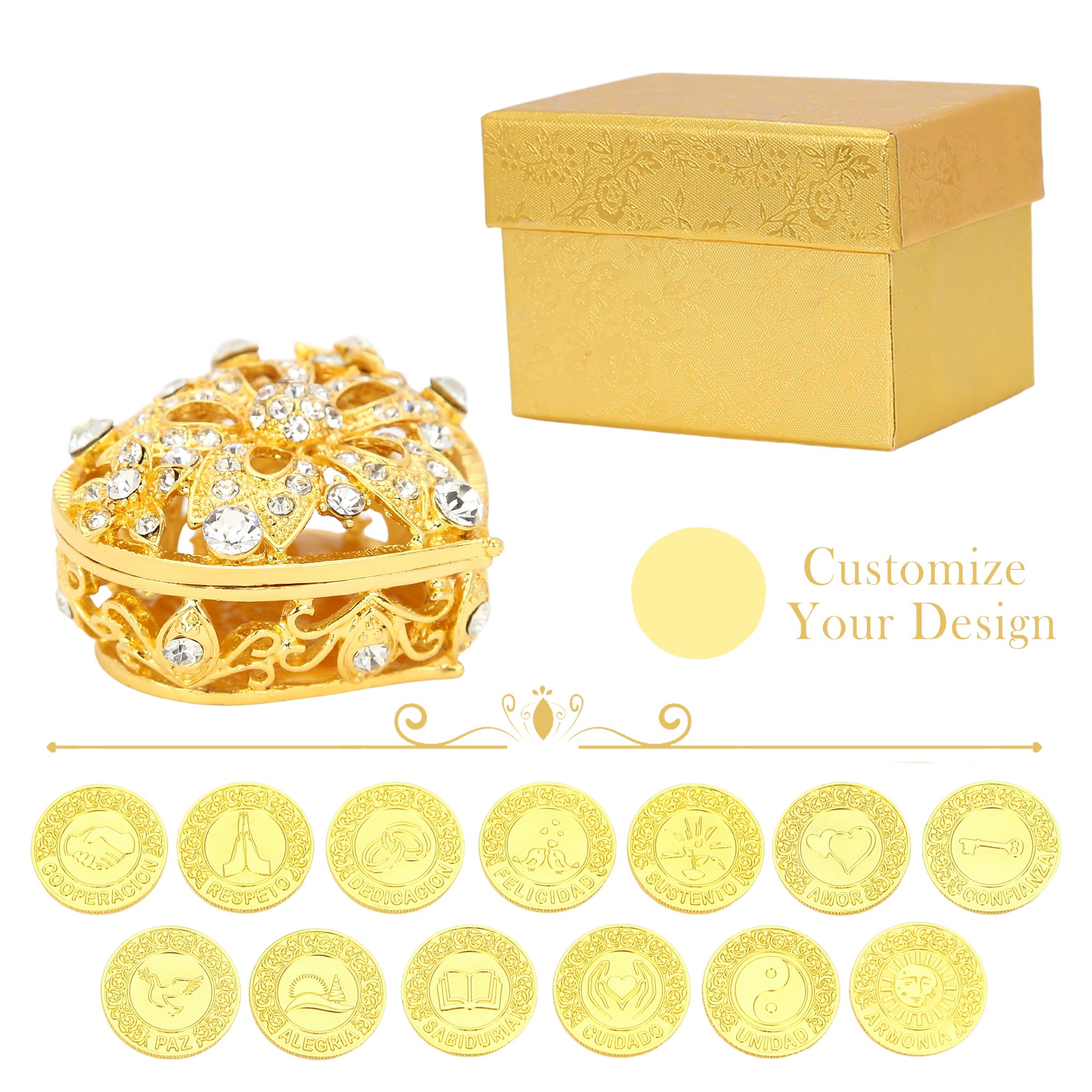 TINGKU 13 Palabras Españolas Las Arras para Boda Catolica, Conjunto de monedas de unidad de boda con caja en forma de corazón, Aras de Matrimonio-monedas de oro 5D