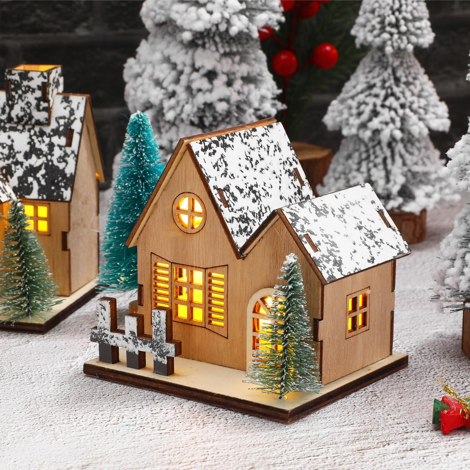 Toddmomy 3stücke Holzhäuser-Set mit Led-lichtern für Weihnachtsdorf-Dekoration Winter-Thema-Accessoires und Festliche Anlässe Rustikale Mini-weihnachtshäuser zum Aufstellen