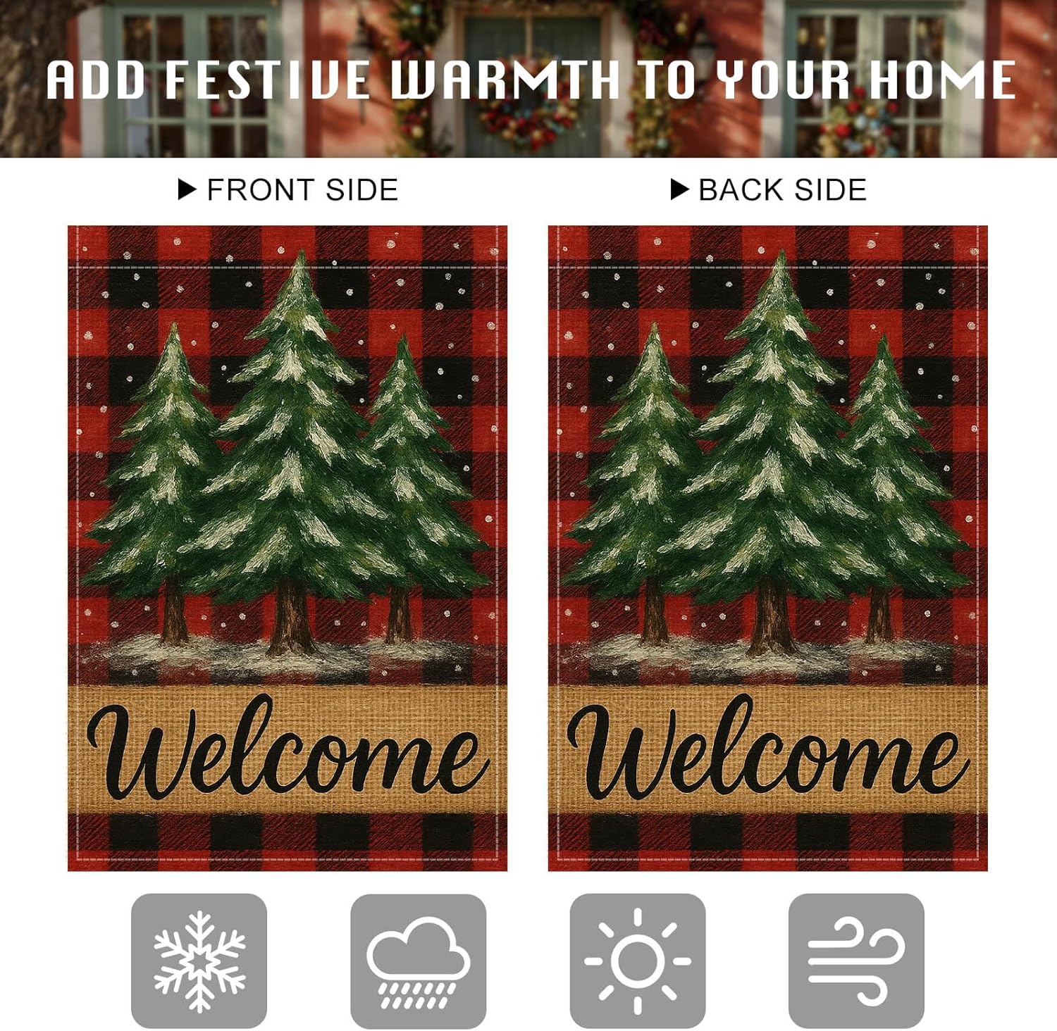 Merry Christmas Garden Flag 12x18 Inch Welcome Garden Flags Burlap Double-Sided Red Buffalo Plaid Pine Trees Seasonal Outdoor Holiday Banner Winter Flag for Yard Lawn Decoration - Image 5