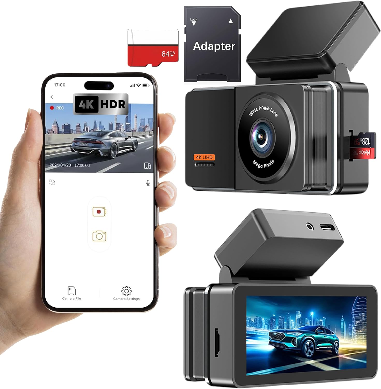 4K Dual Dash Cam Front and Rear, Built-in 5G WiFi App Control, 3.7" IPS Screen, 64GB SD Card Included, Night Vision, Loop Recording, G-Sensor, WDR, Voice Control, Parking Monitor
