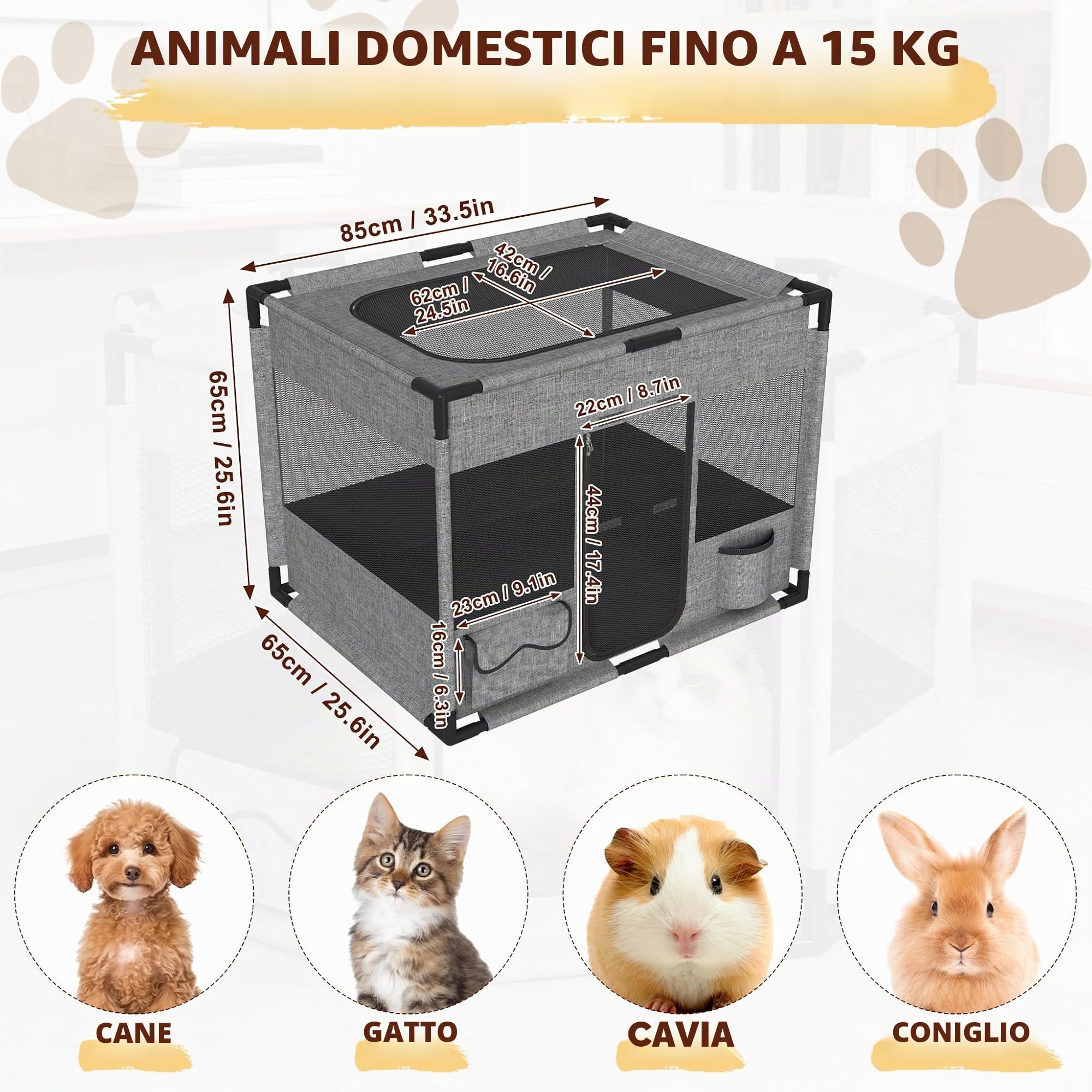 UISEBRT Recinto per cuccioli, in tessuto Oxford, rete traspirante con cerniera e tasca laterale, box per interni per cani e gatti, 85 x 65 x 64,5 cm, rettangolare