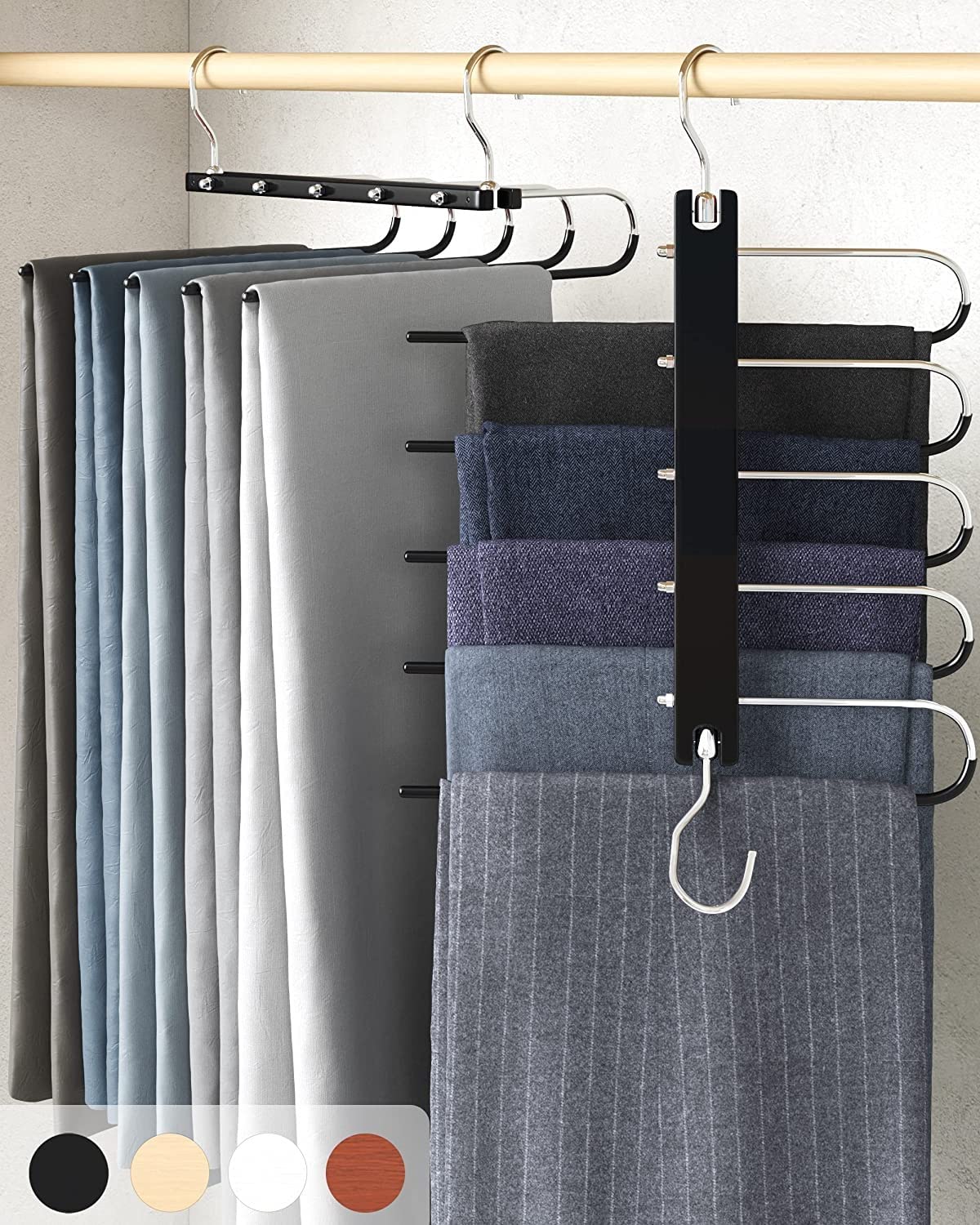 MahMirMagic Pants Hangers, Space Saving Closet Hangers 5 Layers 2 Uses Multi Functional Pants Rack | Solid Metal & Wood Heavy Duty Wardrobe Organizer Racks for Clothes Trousers (1-Pack Black)