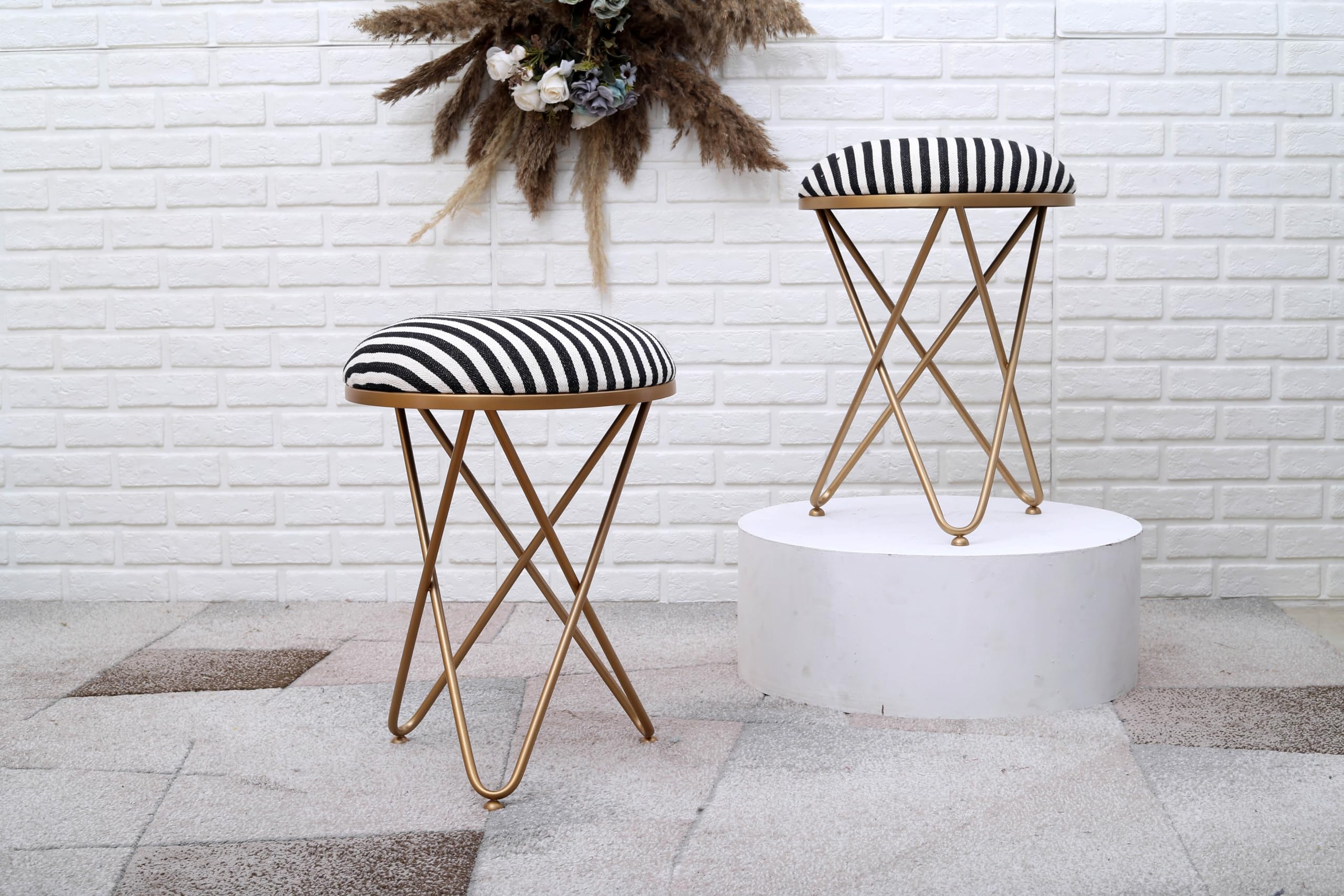 Greetwood Golden Metal Stool Ottoman with Cross Leg Design for Dressing Room Makeup Station Living Area Home Office Cafe, Soft Cushion Seating Pouffes (16Wx22H Inches, Stripe (Pack of 2)-image-5