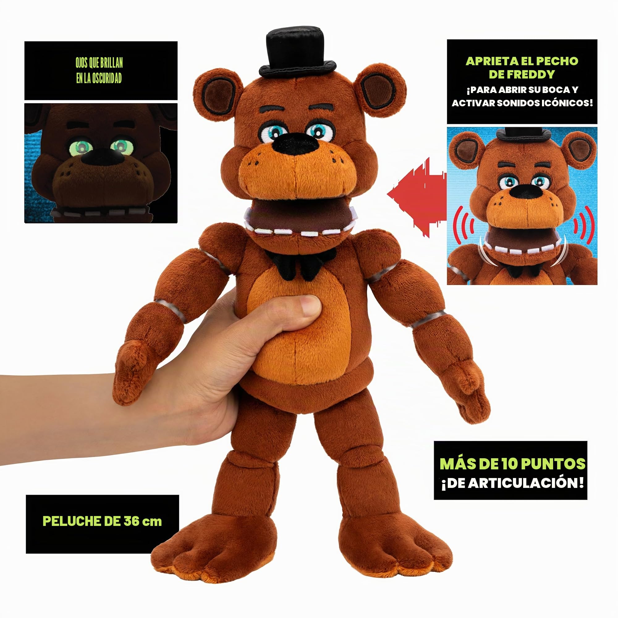 Five Nights at Freddy'S 14" Poseable Sound Freddy Fazbear Peluche - 5 Sonidos, 1 Clip de canción, y Ojos Que Brillan en la Oscuridad - Edades 8+