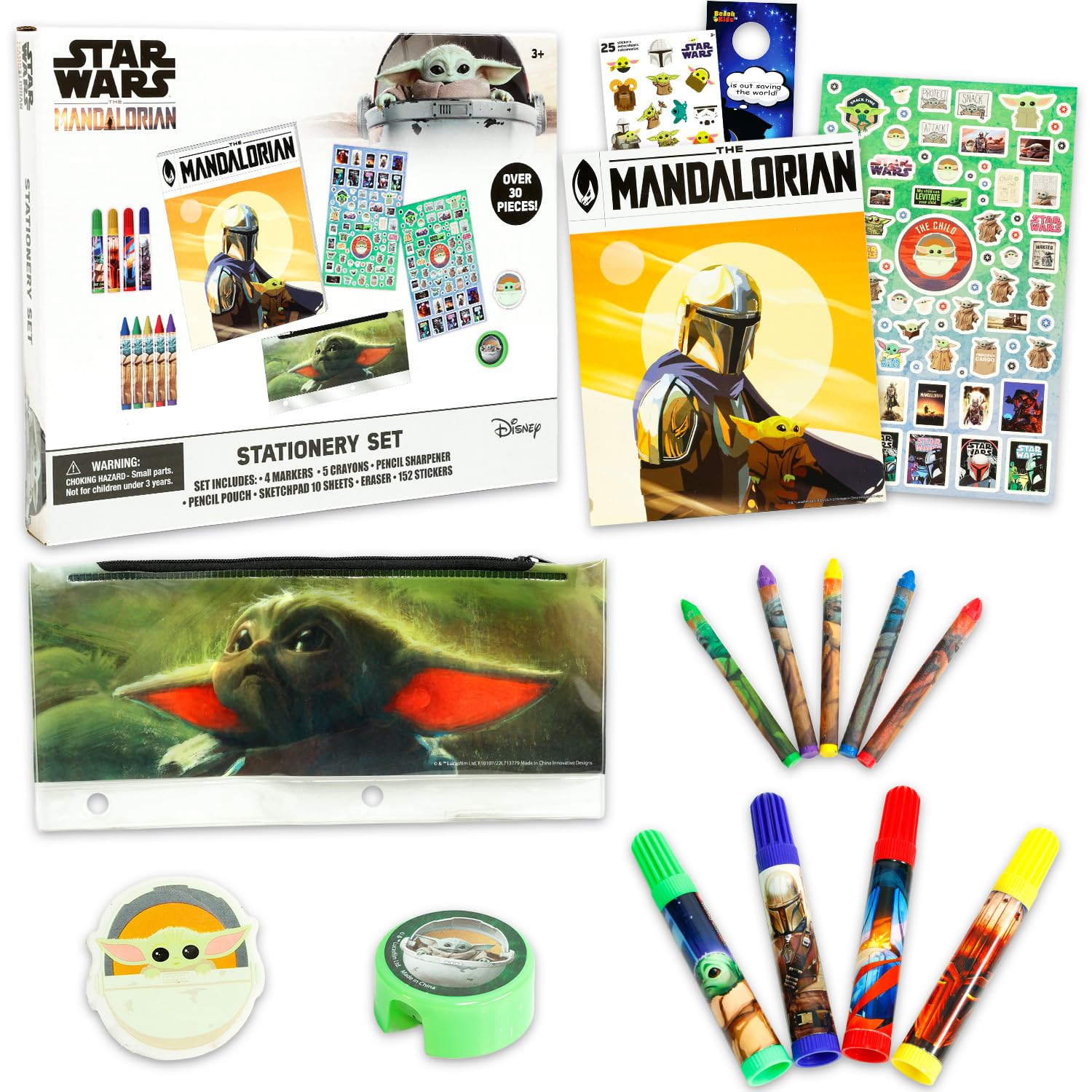 Baby Yoda - Kit da colorare con pagine da colorare di Star Wars, pennarelli, pastelli, adesivi, blocco da disegno, molto altro per bambini, ragazzi, ragazze | Baby Yoda Arts and Crafts Stationery