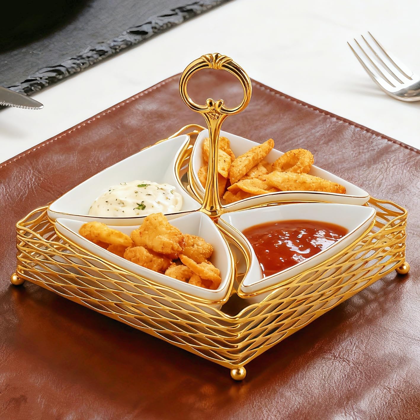 YTTDAY Chip and Dip Serving Set, 4 Detachable dip Bowls, nut Plates for appetizers, Fruits, Sweets and Condiments, Golden Dim Sum Plates for Exclusive Premium Restaurants