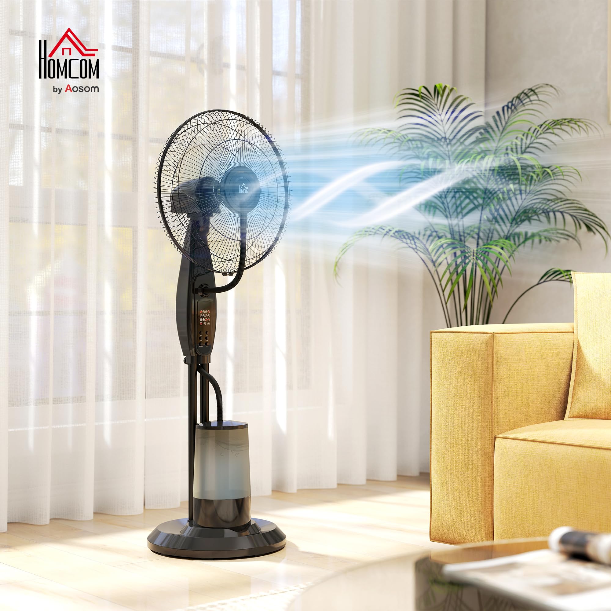 HOMCOM Ventilador Nebulizador de Agua 75 W con Mando a Distancia Ventilador de Pie Oscilante Temporizador Tanque 3,2L 3 Velocidades 3 Aspas y Pantalla LED Ø44,5 cm Negro