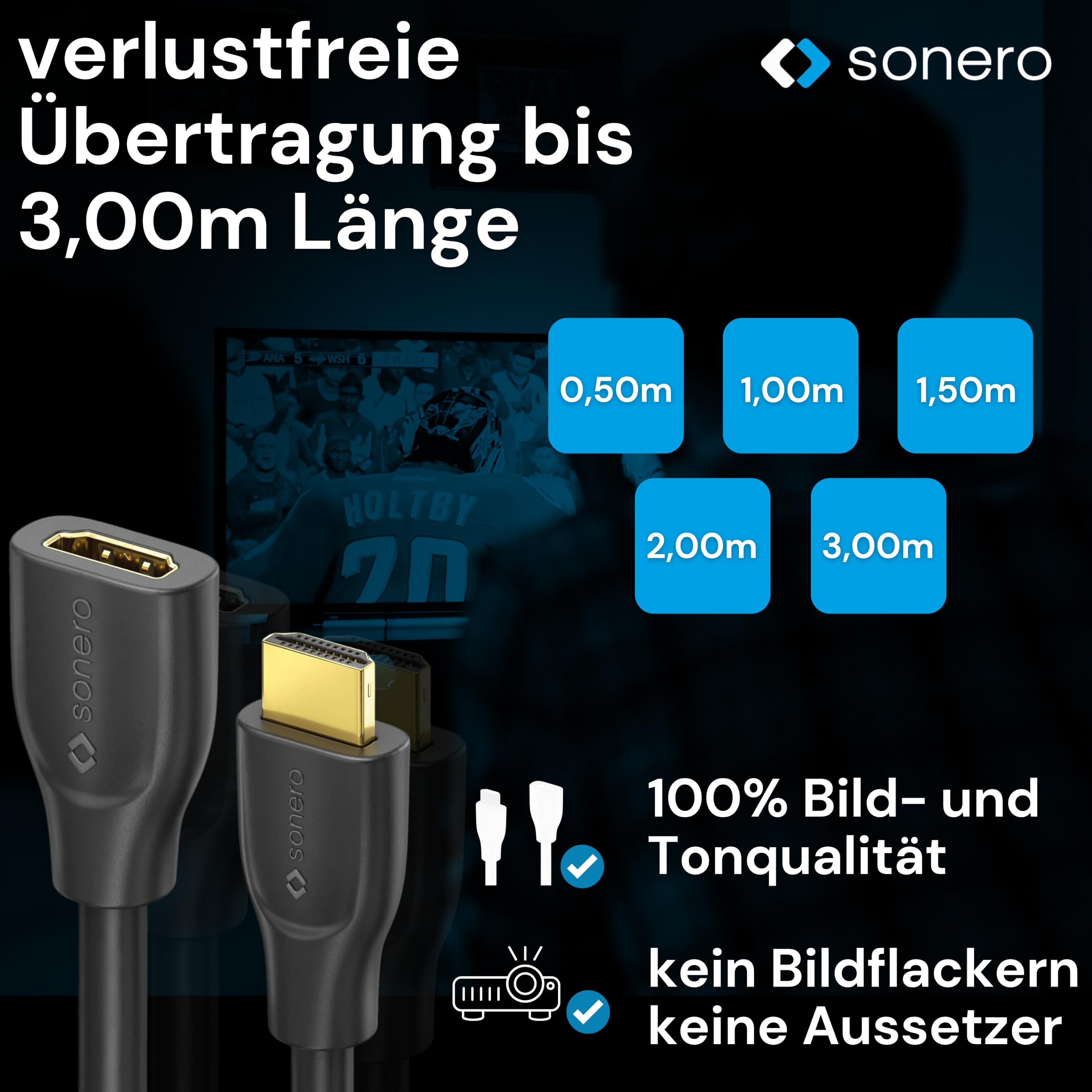 Sonero cavo di prolunga Premium High Speed ​​​​HDMI 4K, spina HDMI A a presa HDMI A, contatti dorati, doppia schermatura, 1, 50 m, nero