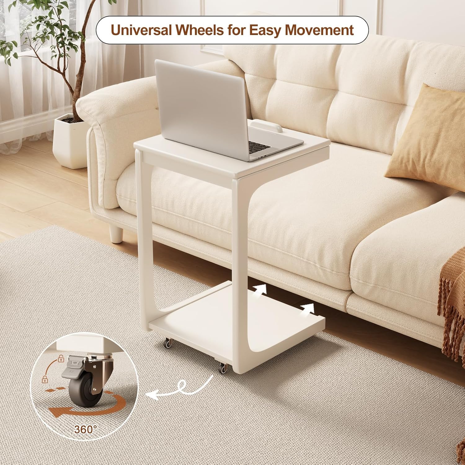 C Shaped End Table for Couch, C Table with Wheels, Wooden Couch Table Adjustable Desktop for Living Room,Bedroom(White)