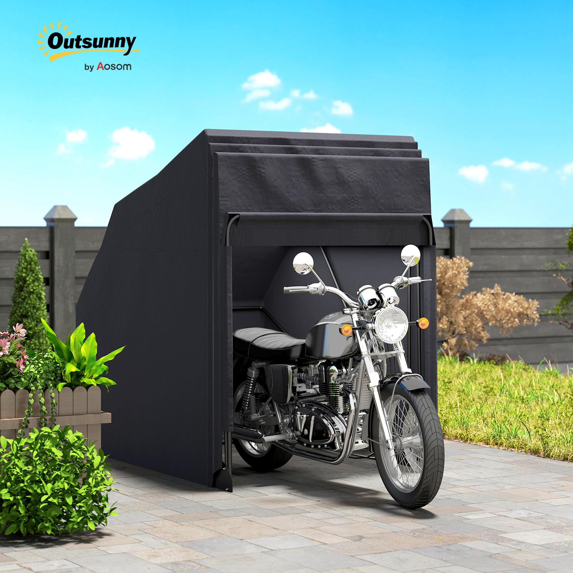 Outsunny Abri de Moto extérieur Tente à Moto Pliable de 345 x 135 x 191 cm avec Housse de Protection en Tissu Oxford, imperméable Anti-UV, 2 fenêtres enroulables, Rangement Garage extérieur, Noir