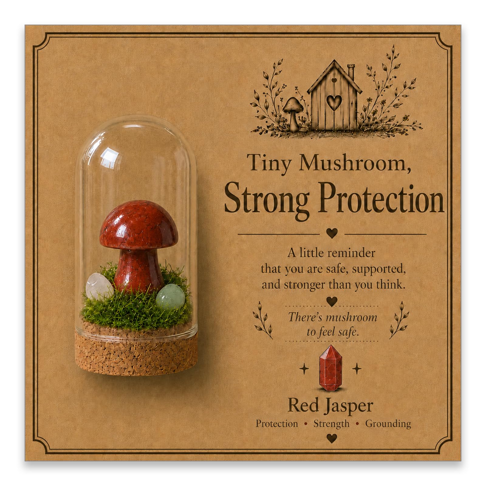 Virelle Natural Red Jasper Mushroom Dome Figurine, Hand-Carved Stone Desk Ornament with Glass Cloche & Artificial Moss Base, Protection Grounding Crystal Decor for Office Shelf or Bedside Table