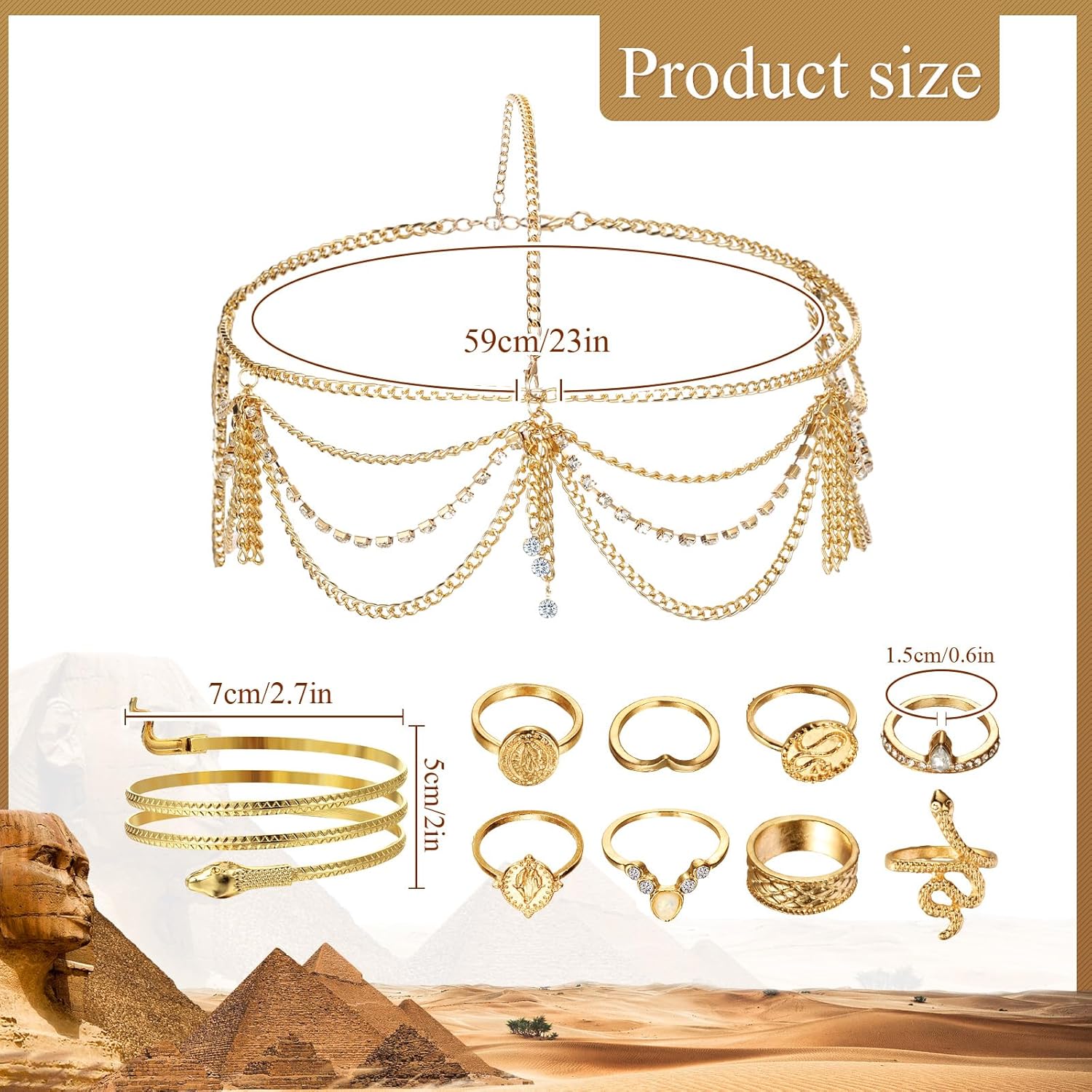 Ecally 13 Pcs Halloween Egyptian Headpiece Costume for Women Jewelry Accessories Short Black Bob Wigs Tassel Head Chain Snake Arm Cuff Collar Necklace Finger Rings for Party Supply - Image 3