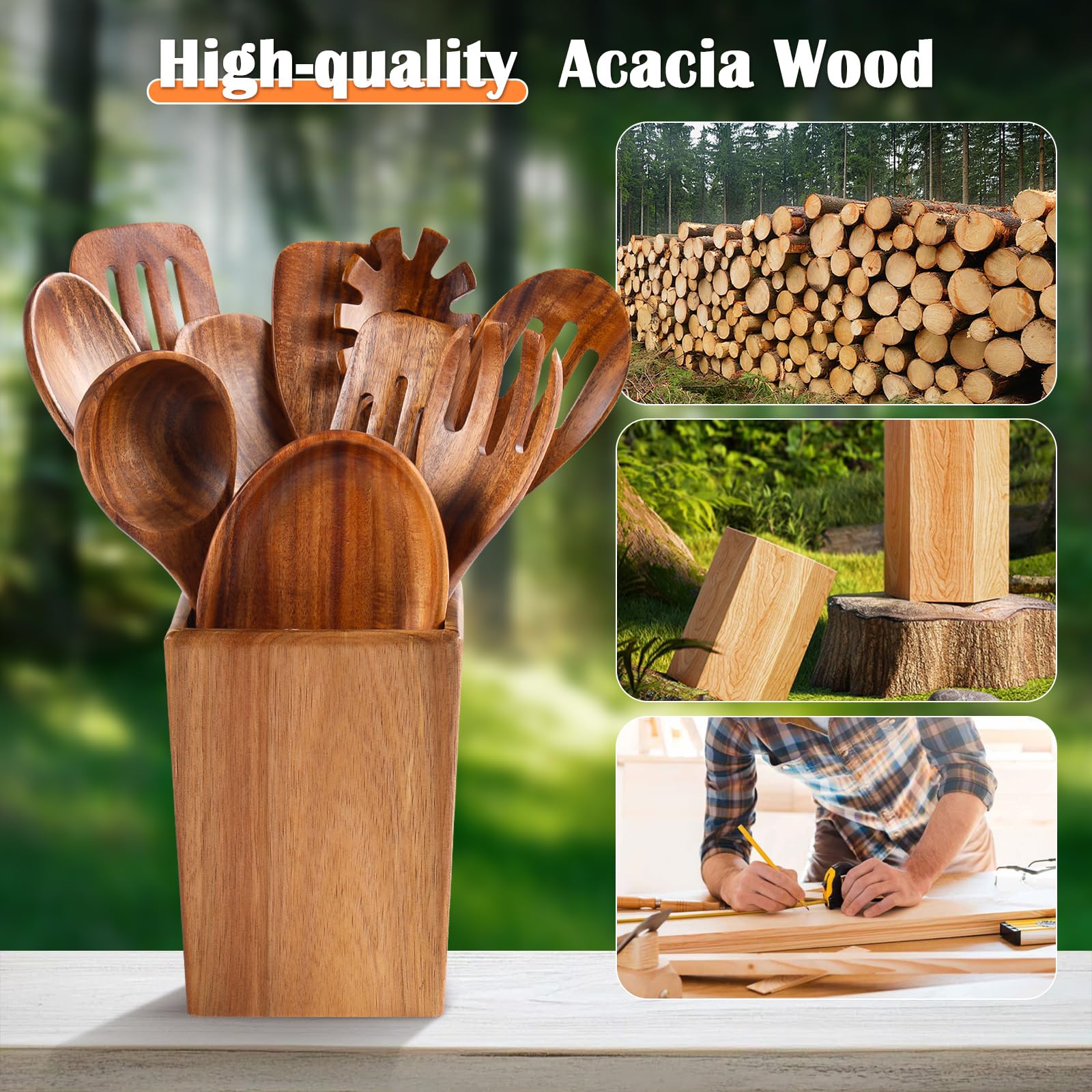 Holzlöffel zum Kochen, 11-teiliges Holz-Kochutensilien-Set mit Halter, Küchenhelfer aus natürlichem Akazienholz, antihaftbeschichtet, leicht zu reinigen, Küchenutensilien-Set für Mutter