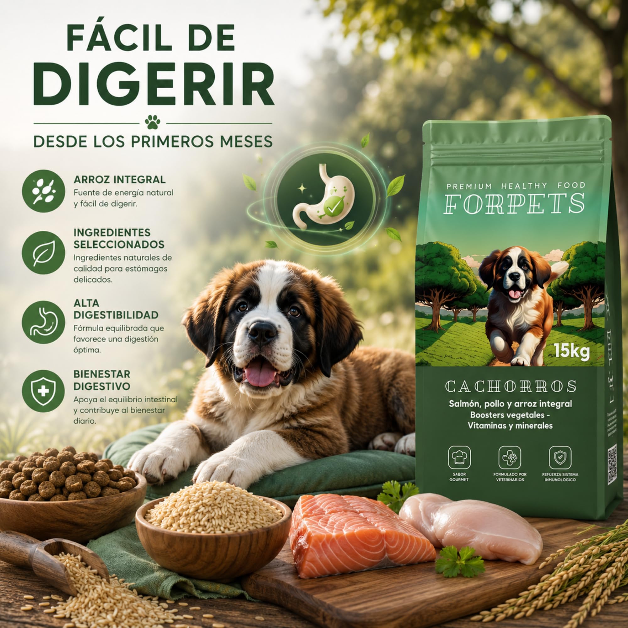 Pienso para Cachorros 15 kg | Salmón, Pollo y Arroz Integral | Digestión Sensible y Crecimiento Saludable | Sin Gluten, Alto en Proteína | Razas Pequeñas, Medianas y Grandes | FORPETS