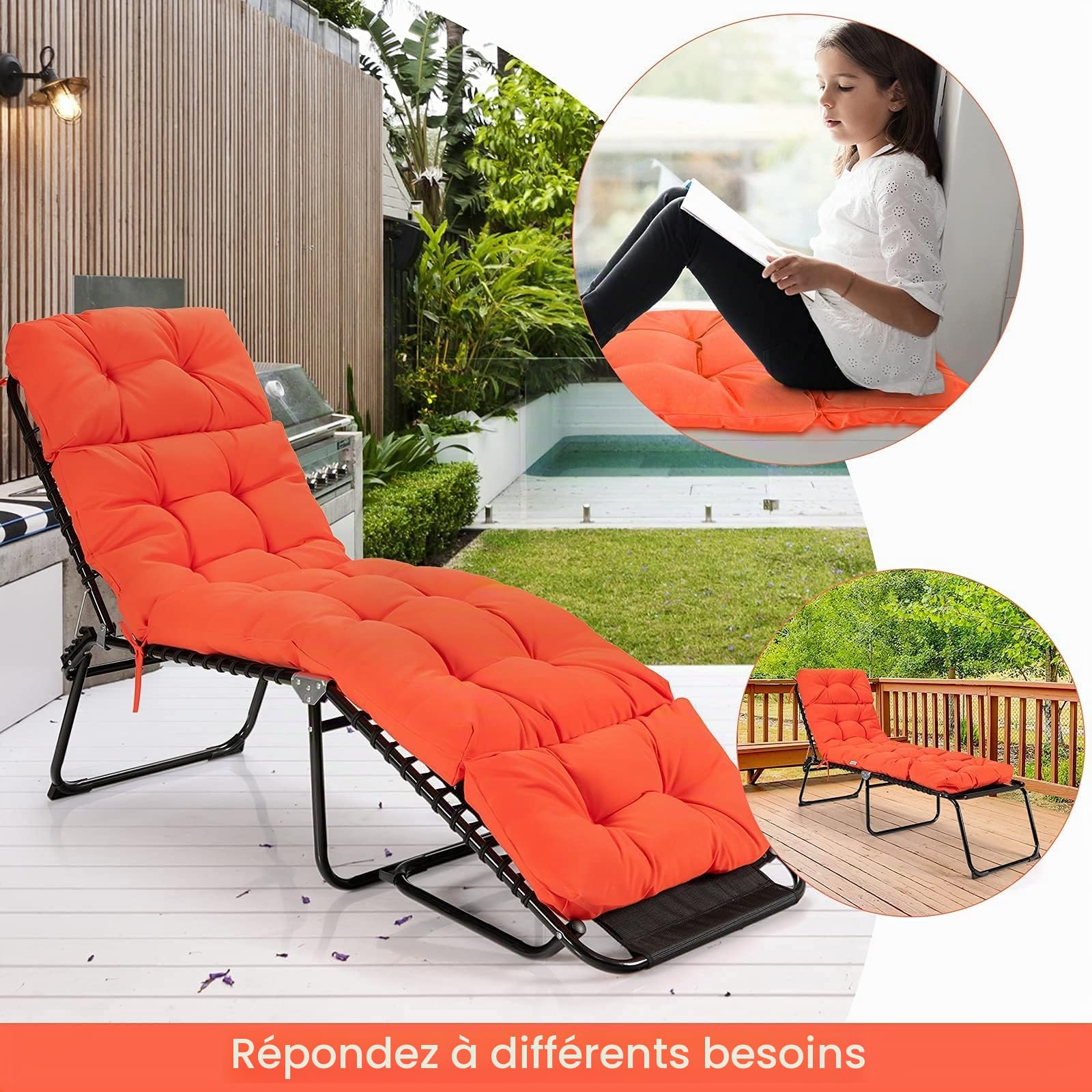 GRAFFY Coussin de Chaise Longue avec 4 Attaches – Coussin épais avec Design imperméable – pour extérieur et intérieur (Orange) – 183 x 55,9 x 10,2 cm