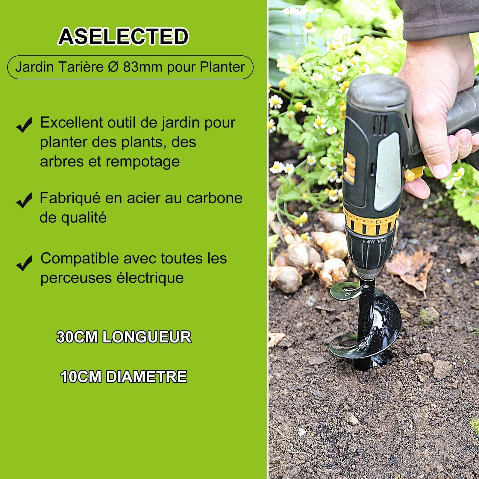 Aselected Mèche Tarière pour Perceuse Jardin Foreuse Ø 100mm + Gants, Jardin Tarière pour Perceuse électrique, Outil de Plantation Pratique pour Fleur Planter des Arbres Arbustes