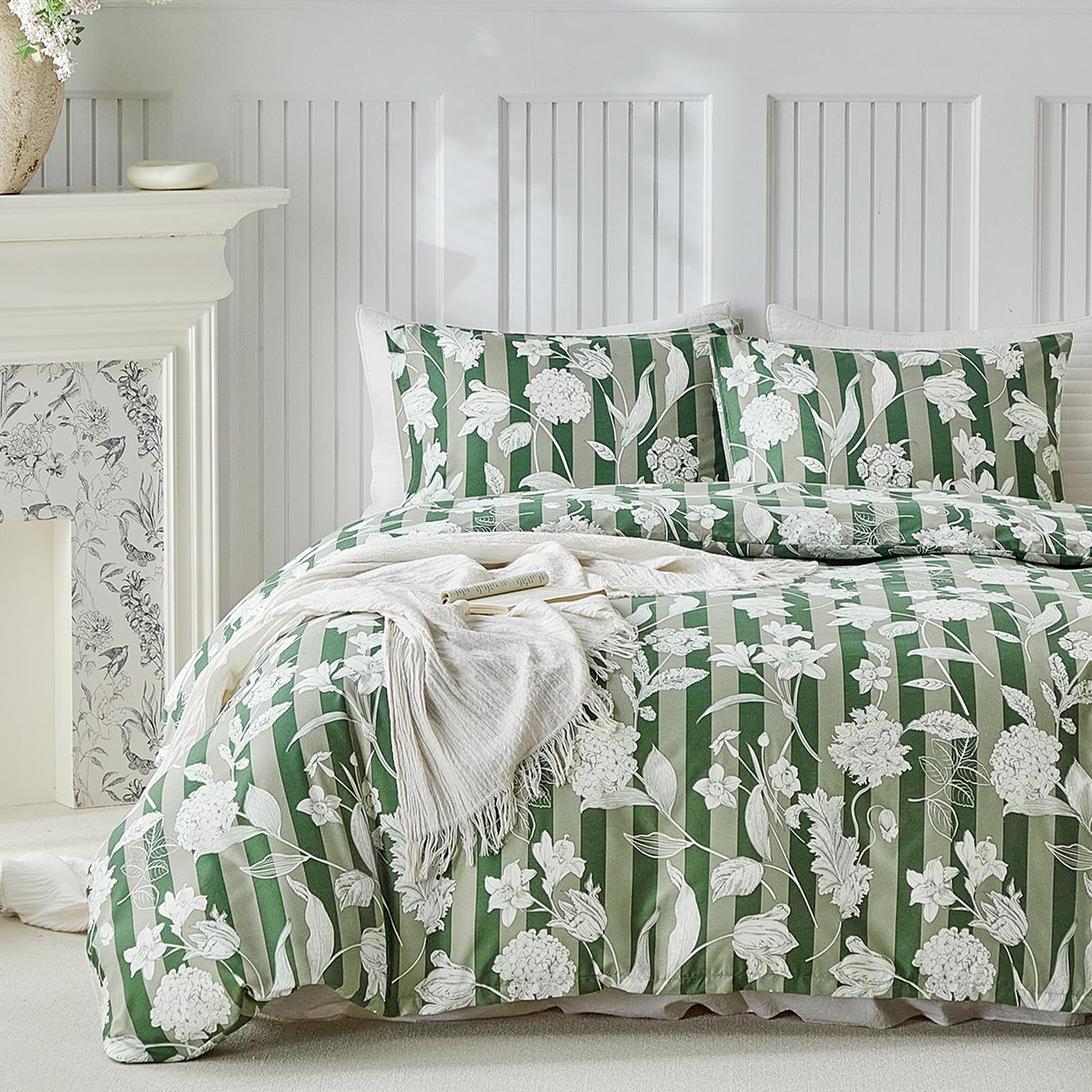 Lekesky Striped Duvet Cover King Size 3-piece, Green Hydrangea