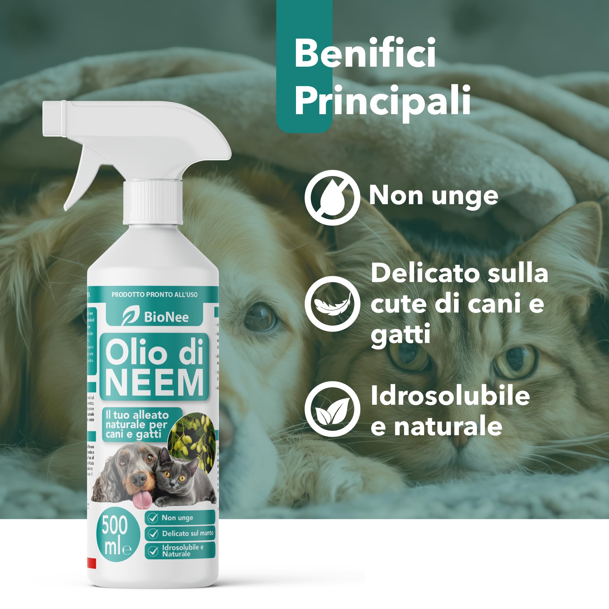 Olio di Neem per Cani e Gatti Spray 500 ml – Idrosolubile, Naturale, Non Unge – Azione Delicata, Effetto Barriera Sgradito a Zecche Pulci Zanzare Insetti