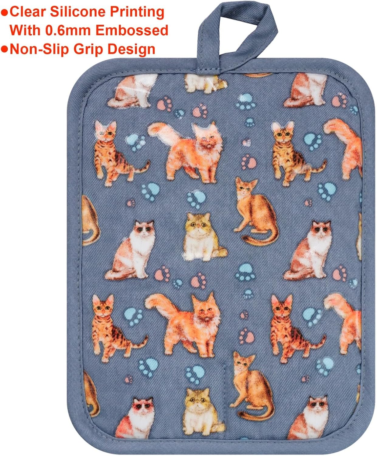 Pot Holders Set of 2 Heat Resistant 480 ℉Non Slip Clear Silicone Printed Comfortable Cotton Lining Kitchen Women Men Cooking Baking Microwave Machine Washable (Cat, Grey potholders) - Image 4