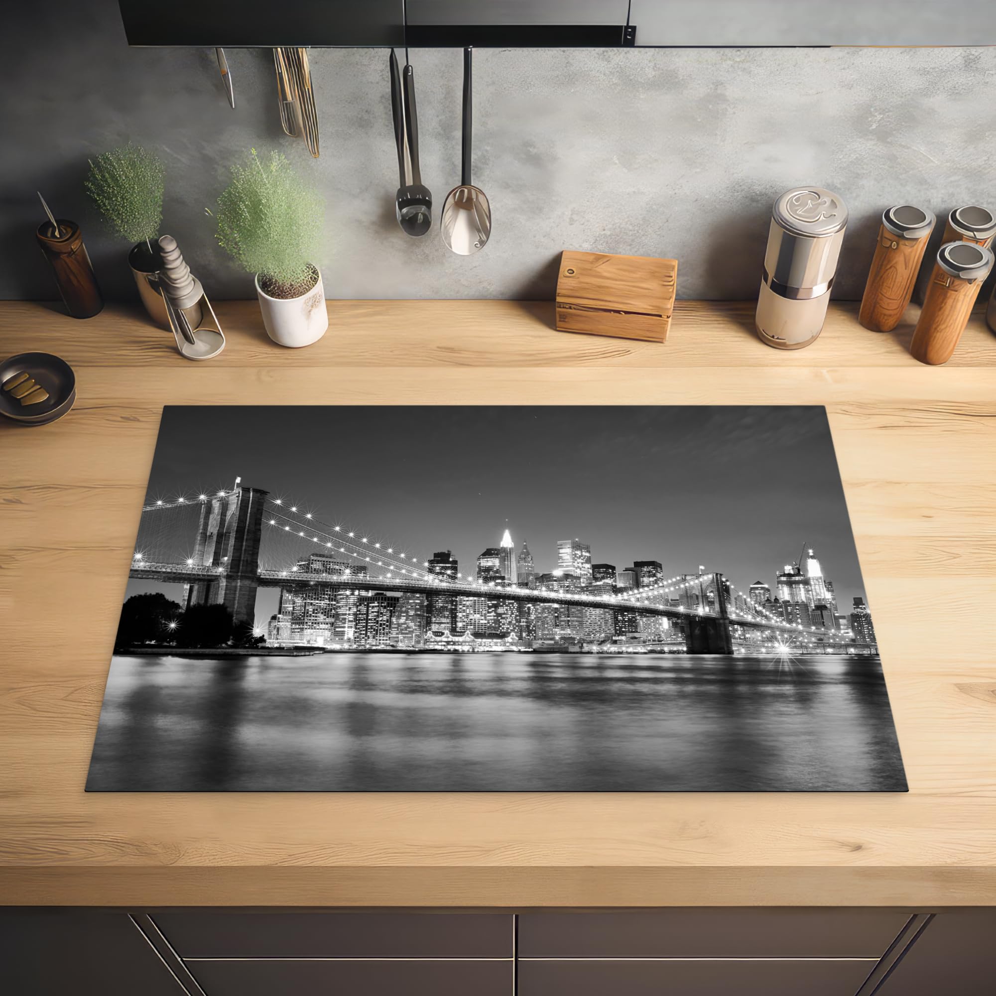 KitchenYeah© Cubre Vitrocerámica - Protector Vitroceramica Induccion 77x51 cm - Tapa Vitroceramica - Protector de Vitroceramica Puente de Brooklyn - Skyline - Blanco y Negro - Nueva York