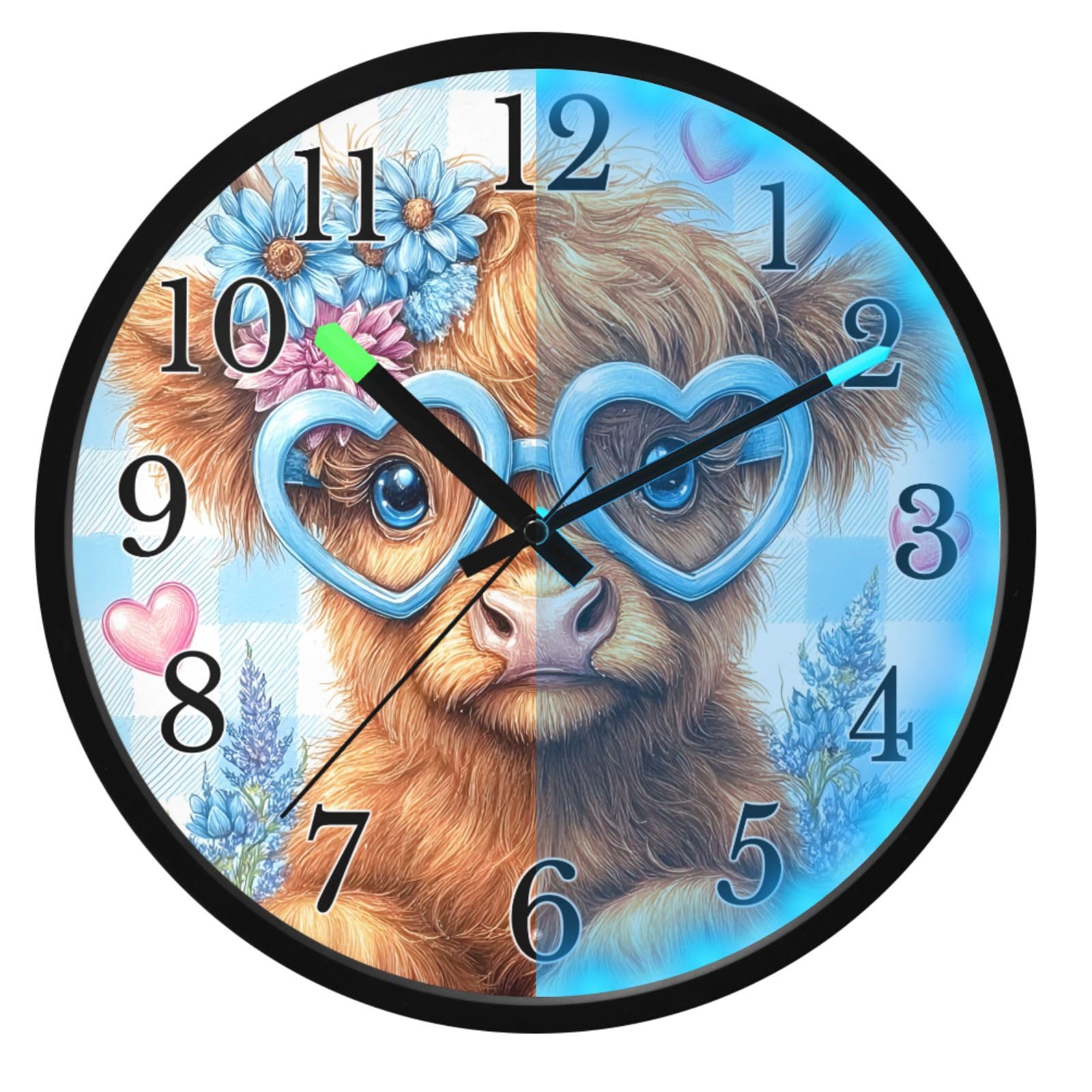 Mnsruu Reloj de pared luminoso, reloj de pared azul que brilla en la oscuridad, funciona con pilas, 12 pulgadas, silencioso, sin tictac, luz nocturna para dormitorio