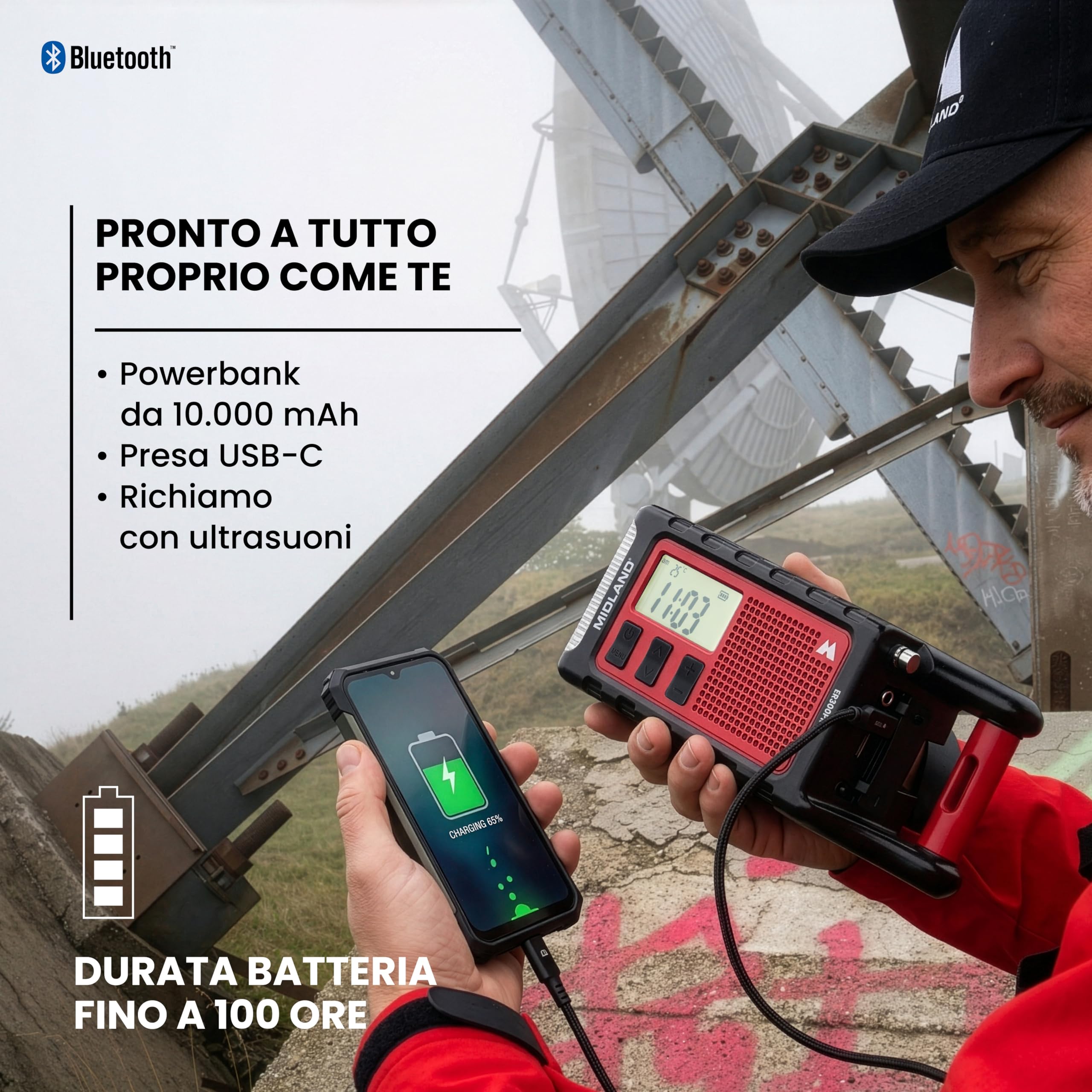 Midland ER300 PRO C1663-Power Bank d'Emergenza Ricaricabile x 2 Smartphone Batteria Ricaricabile 10.000 mAh USB-C/Solare/Dinamo, Bluetooth, Radio AM/FM, Torcia SOS 130LM, Autonomia Fino 100H