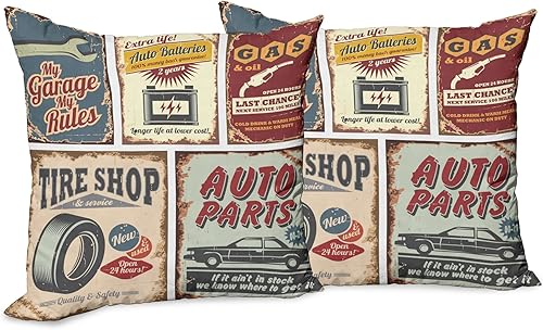 Lunarable Paquete de 2 fundas de almohada decorativas de los años 50, letreros de automóvil vintage, reparación de publicidad de automóvil,