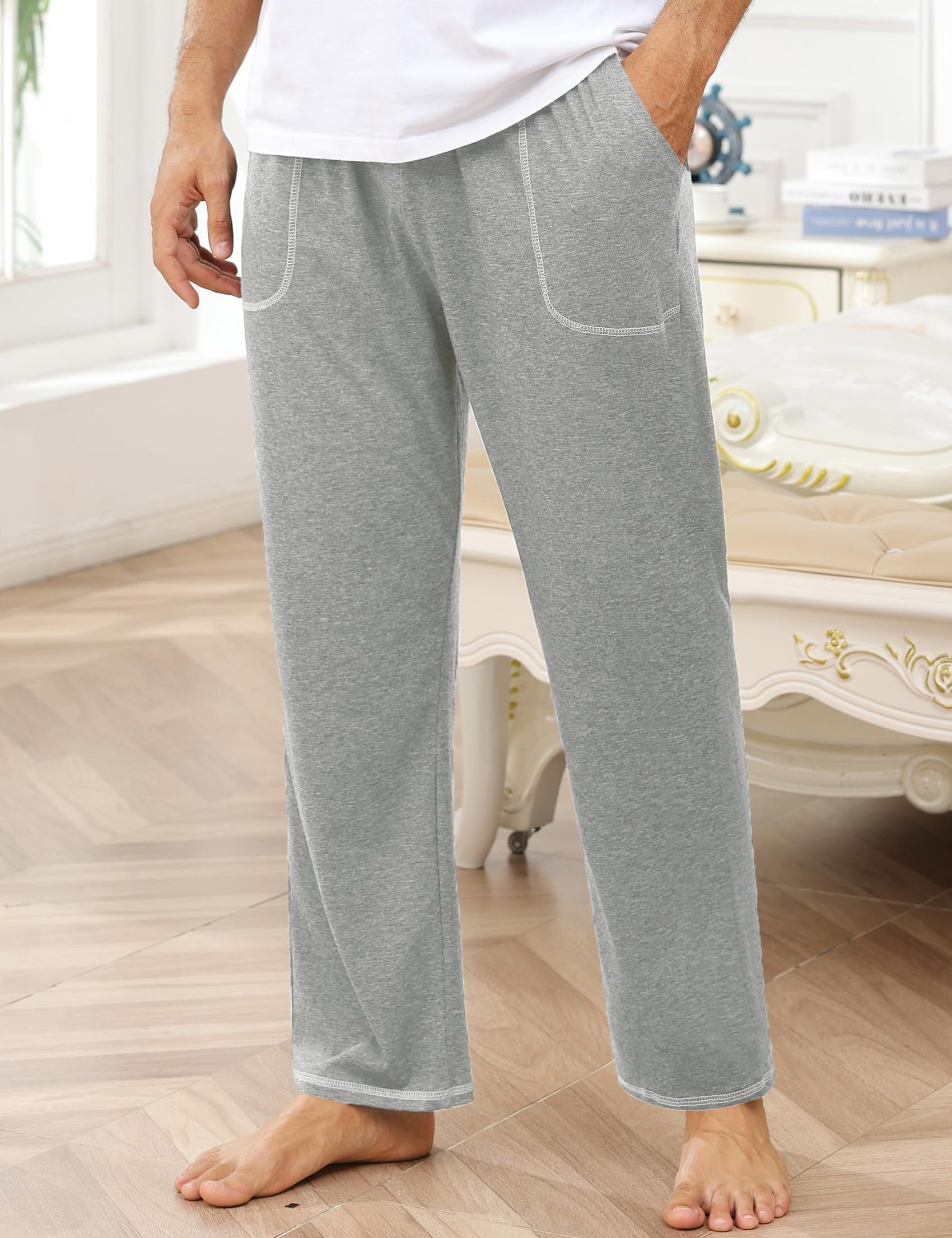 Pantalón de Pijama para Hombre Largo Algodón Pantalones Casuales Pantalón de Dormir Color Sólido Pantalon Pijama Hombre con Bolsillos y Cintura Elástica