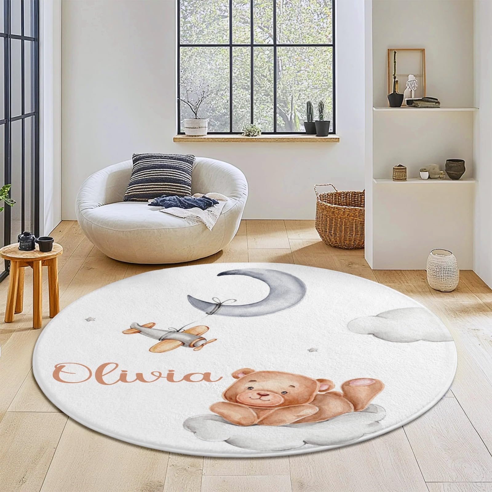NZOOHY Teddy Bear and Plane Personalized Round Baby Rugs for Toddler Girls Boys,Custom with Baby Name Text Soft Non-Slip Mat for Crawling Playing 31.5 Inches