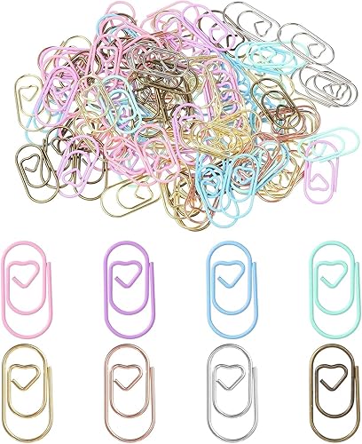 100 Pcs Cute Paper Clips Heart Paper Clips Shaped Love Heart Shaped Small Metal Journaling Clamps Color Decorative Binder Clips for Women Document Note Sorting and Organizing