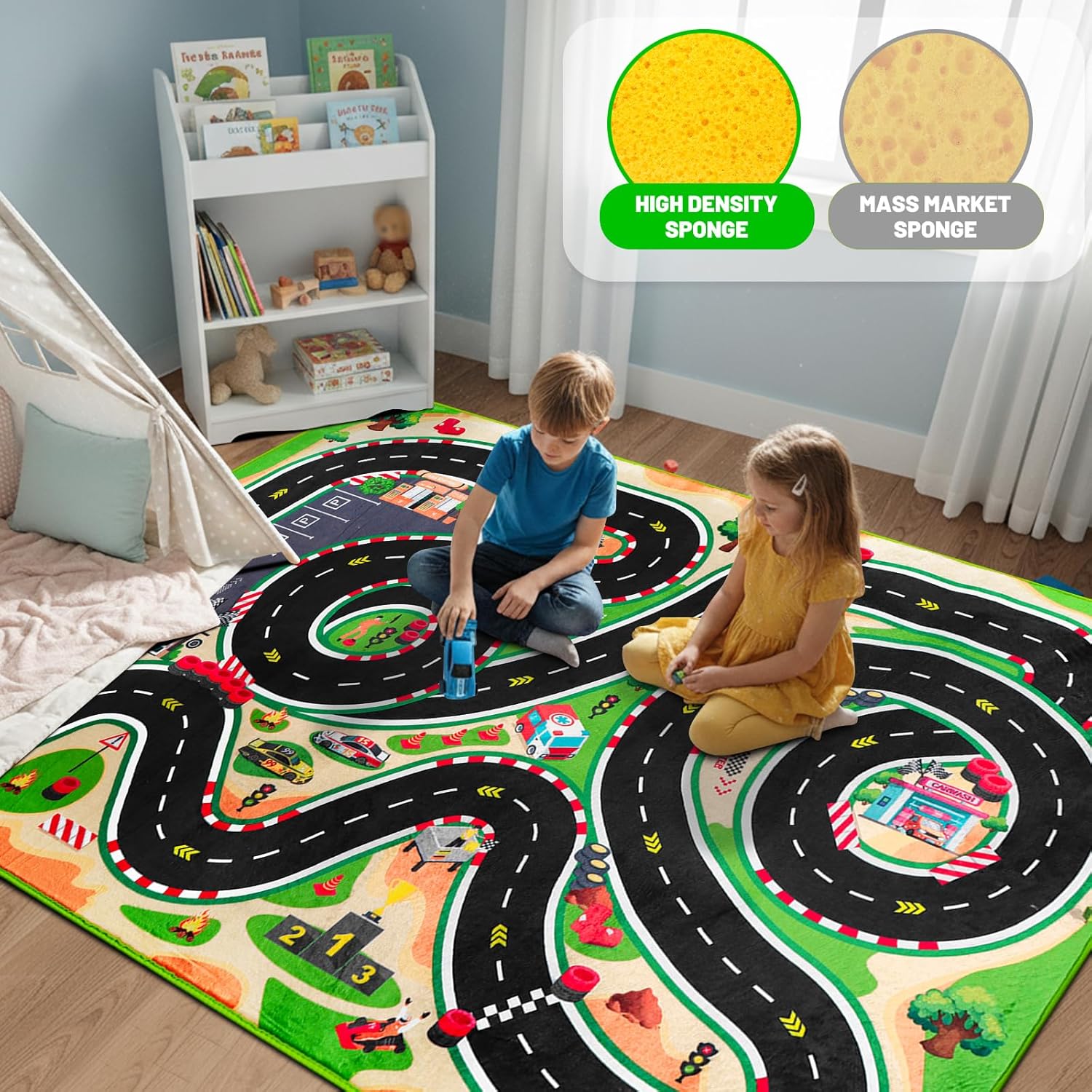 Kids Car Rug Play Mat Racetrack Theme, Non-Slip Open Wheel Racing, Washable Kids Race Track Rug for Bedroom Playroom(3.28 x 4.92 ft Green)