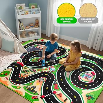 Kids Car Rug for Play Toy Cars, 4'11 x 3'3 Non-Slip Race Track Play mat Carpet Kid Road Rugs for Playroom Classroom Kids Room,Karting Road Racing Track Floor Mat Rug for Bedroom(for Age 2+,Green)