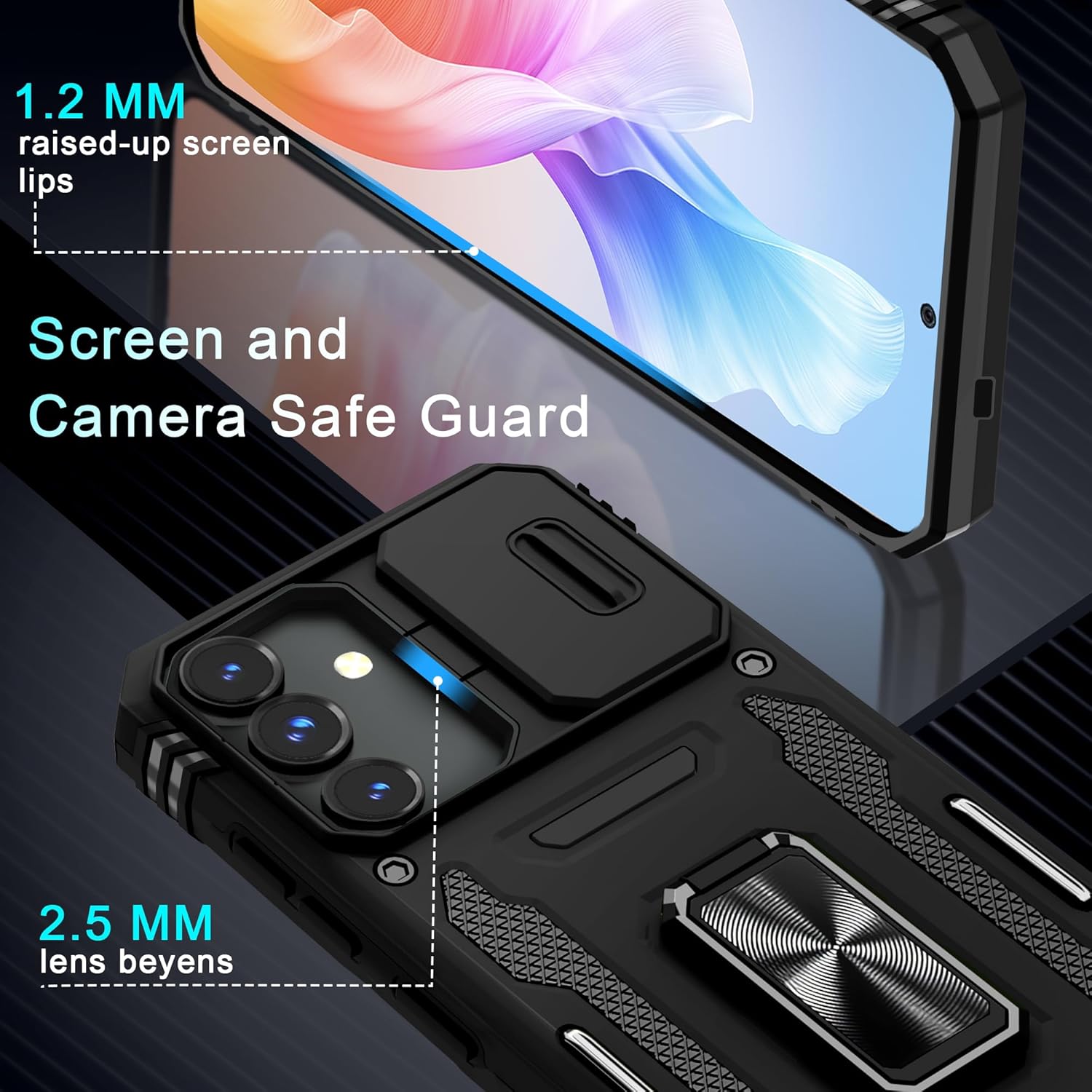 DEERLAMN Case for Samsung Galaxy S24 6.2-Inch with Slide Camera Cover+Screen Protector(1 Pack), Rotated Ring Kickstand Military Grade Shockproof Protective Cover-Black - Image 6