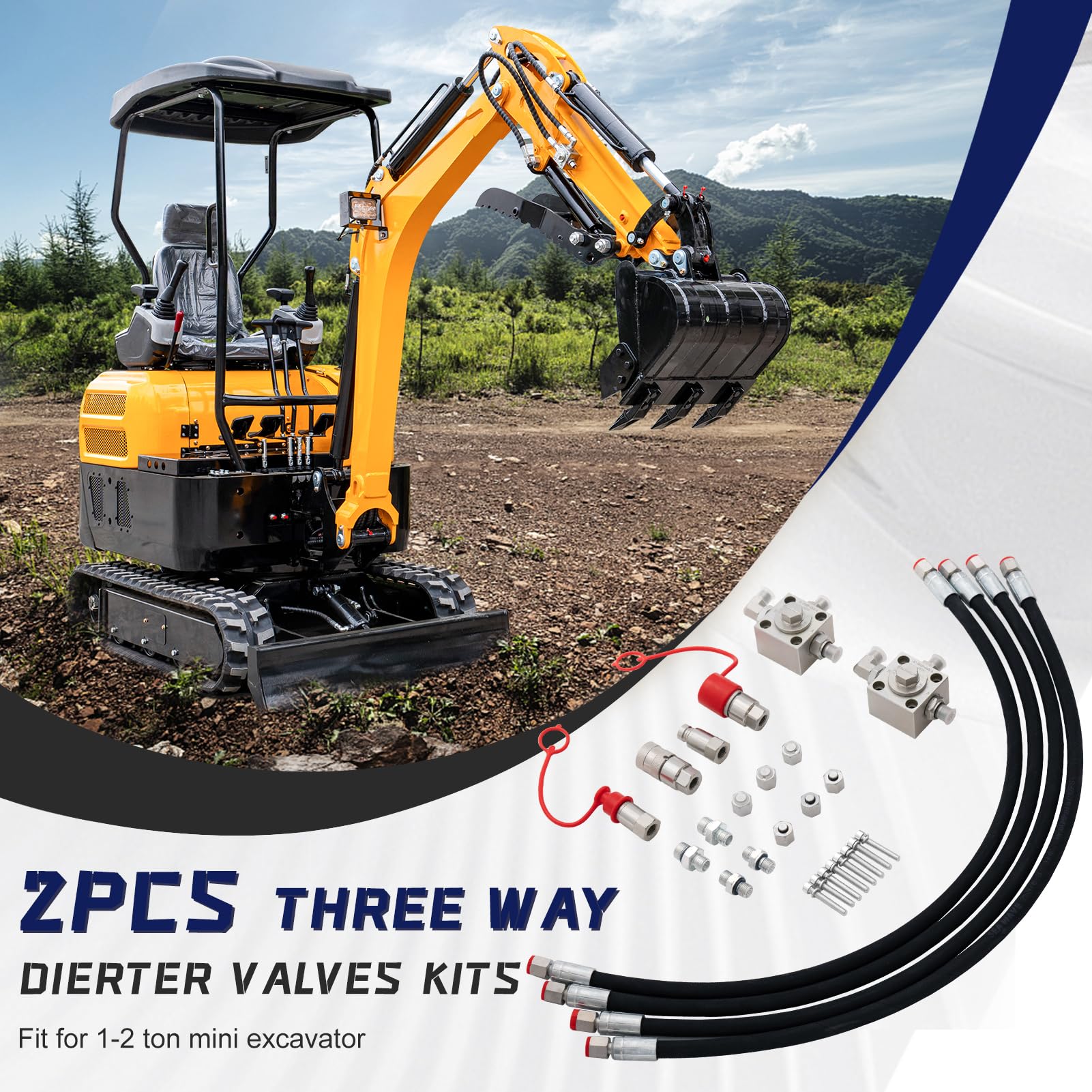 Accessori per mini escavatore 3 vie valvola di commutazione set da 2 pezzi, valvola a farfalla per mini escavatore, valvole di distribuzione idraulica a 3 vie per mini escavatori da 1 a 2 tonnellate